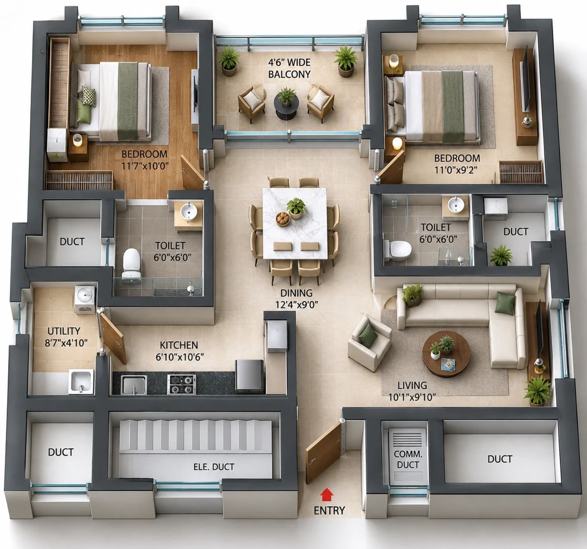 2 BHK Apartment Floor Plan – Voora One Sea