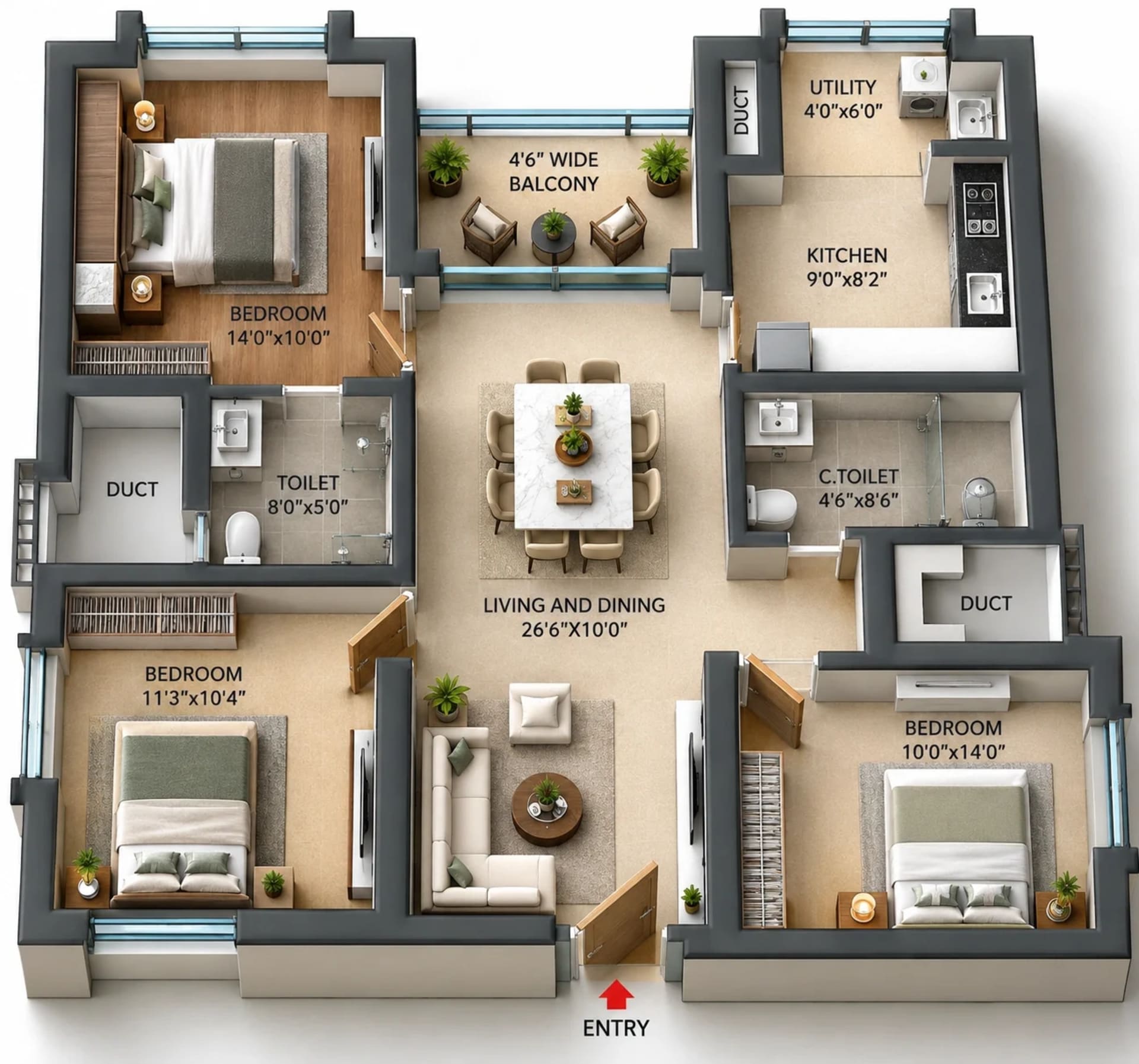 3 BHK Apartment Floor Plan – Voora One Sea