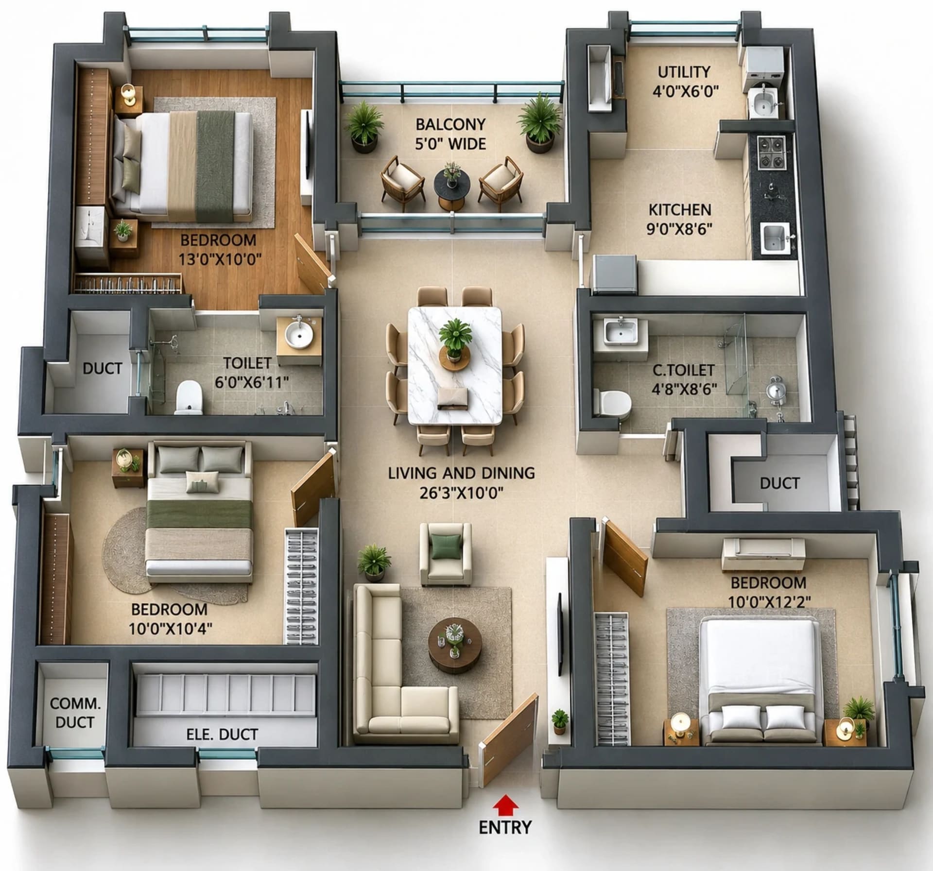 3 BHK Apartment Floor Plan – Voora One Sea