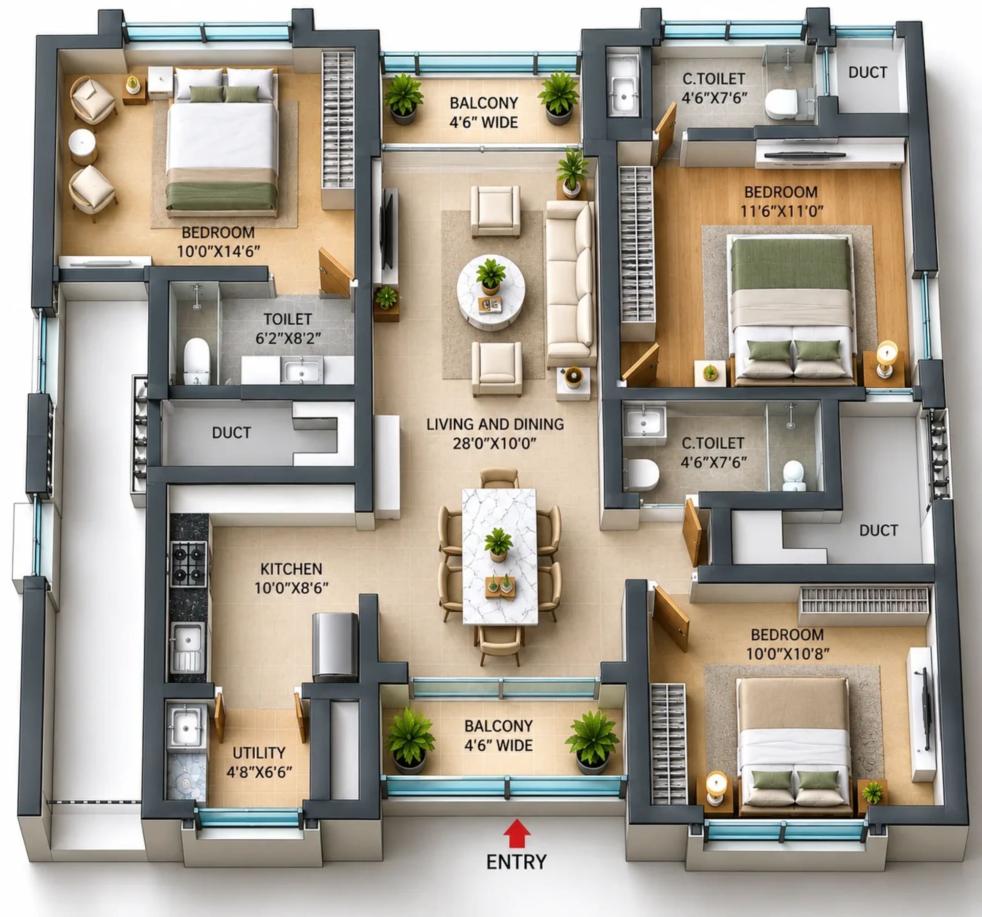 3 BHK Apartment Floor Plan – Voora One Sea