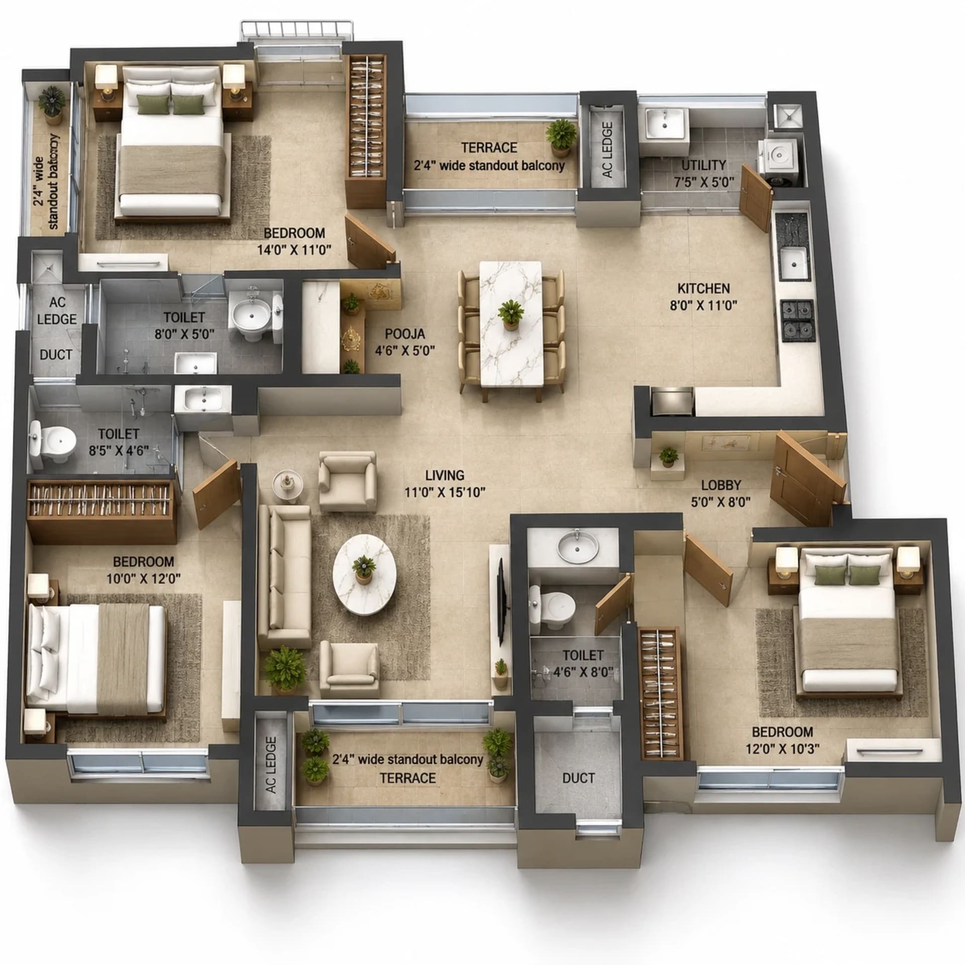 3 BHK Apartment Floor Plan – Voora Westside