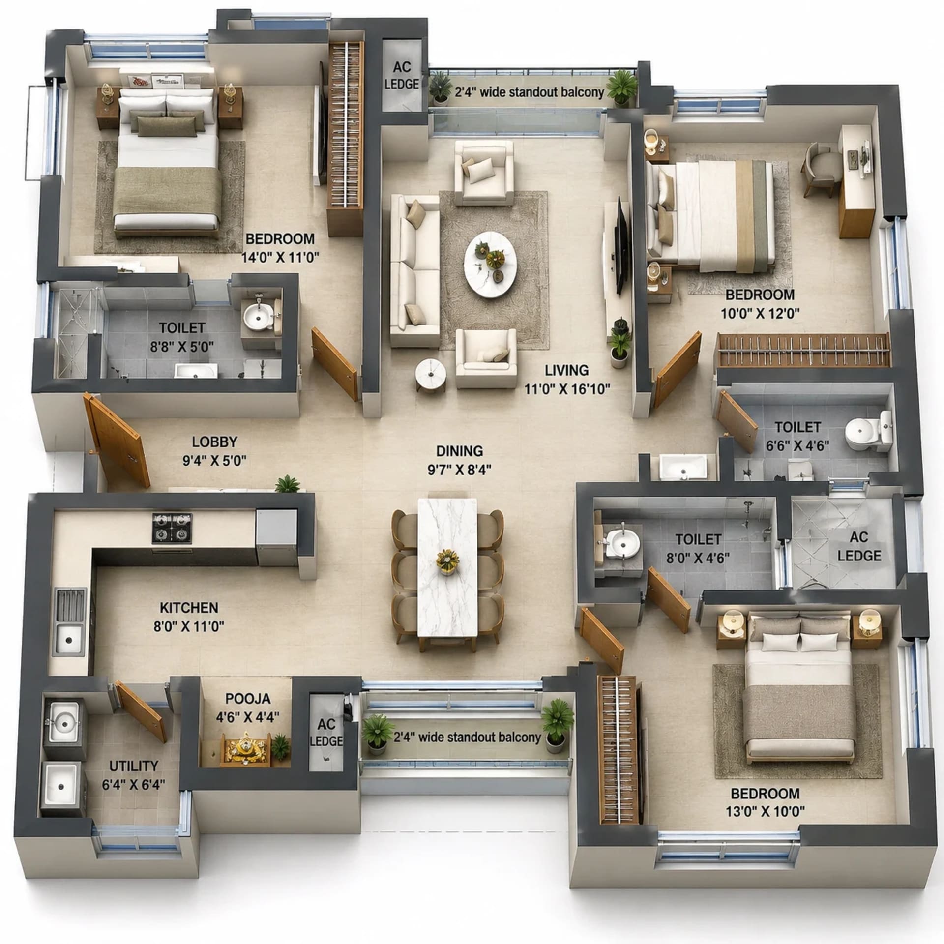 3 BHK Apartment Floor Plan – Voora Westside