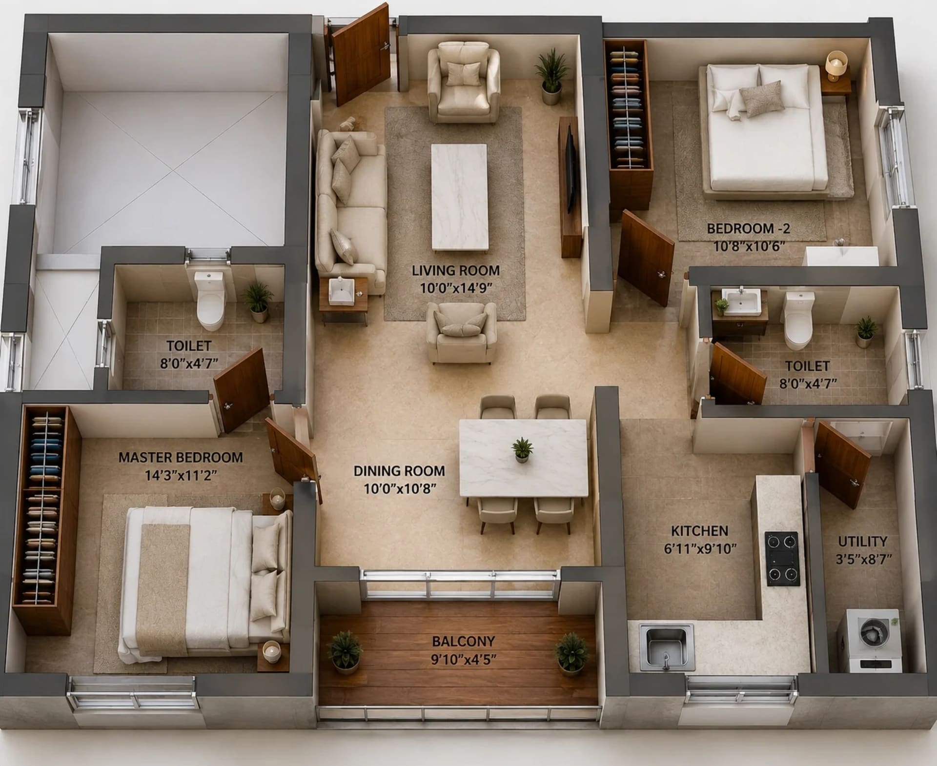2 BHK Apartment Floor Plan – HiLiving Evita