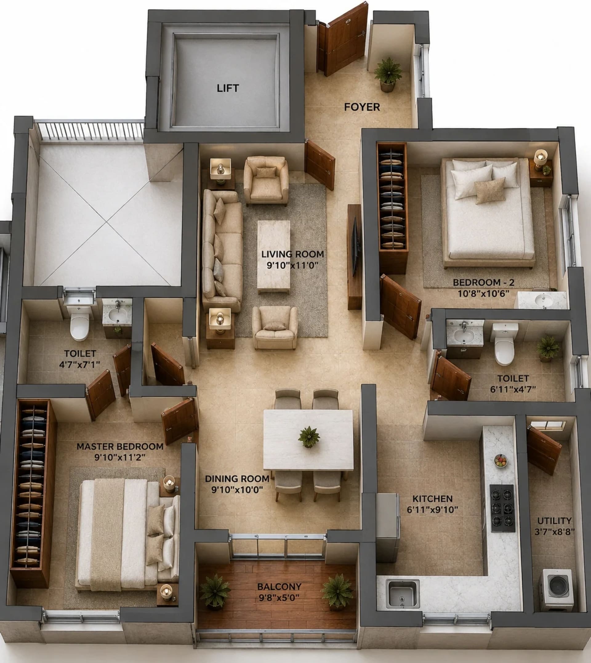 2 BHK Apartment Floor Plan – HiLiving Evita