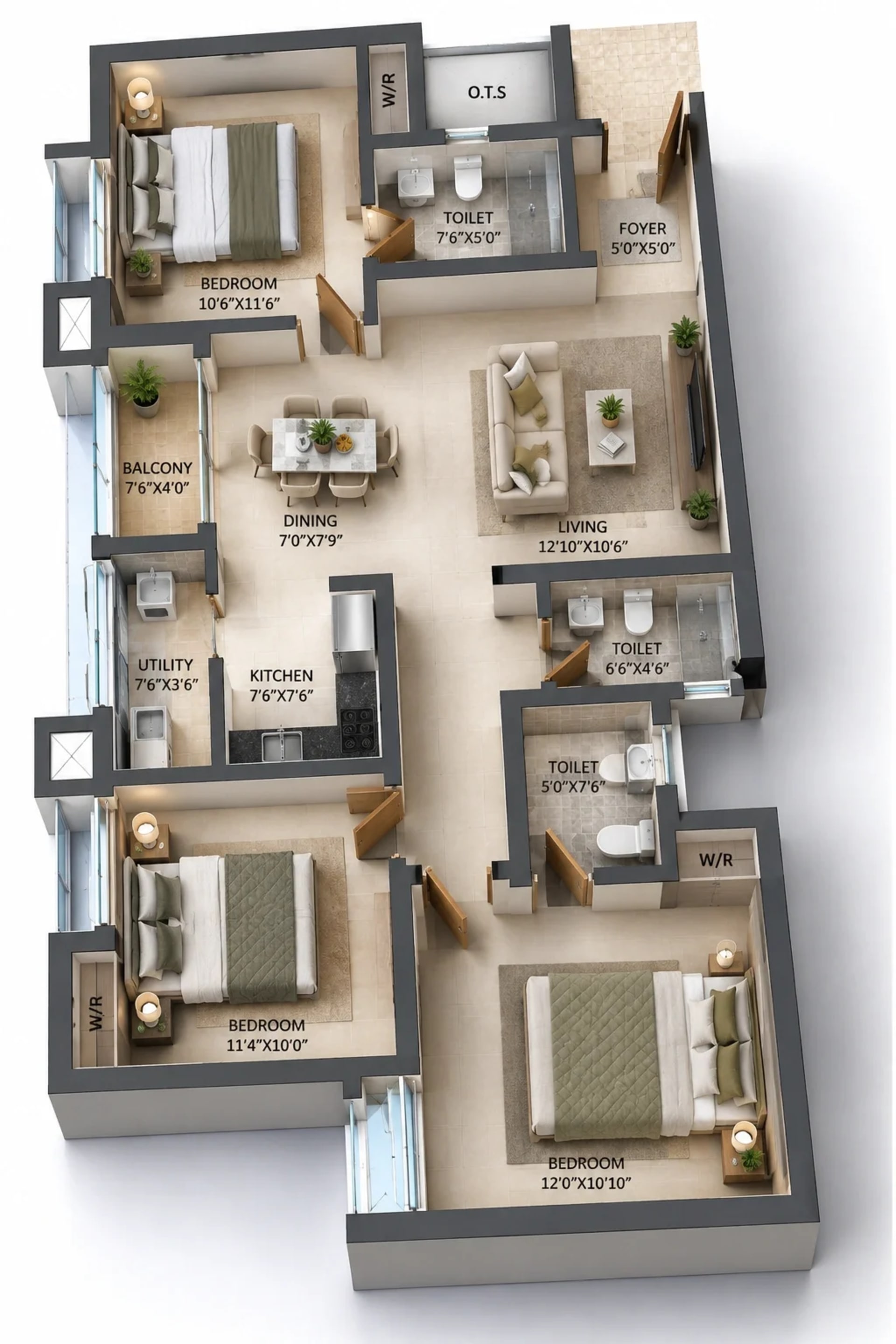 3 BHK Apartment Floor Plan – Malles Adhika