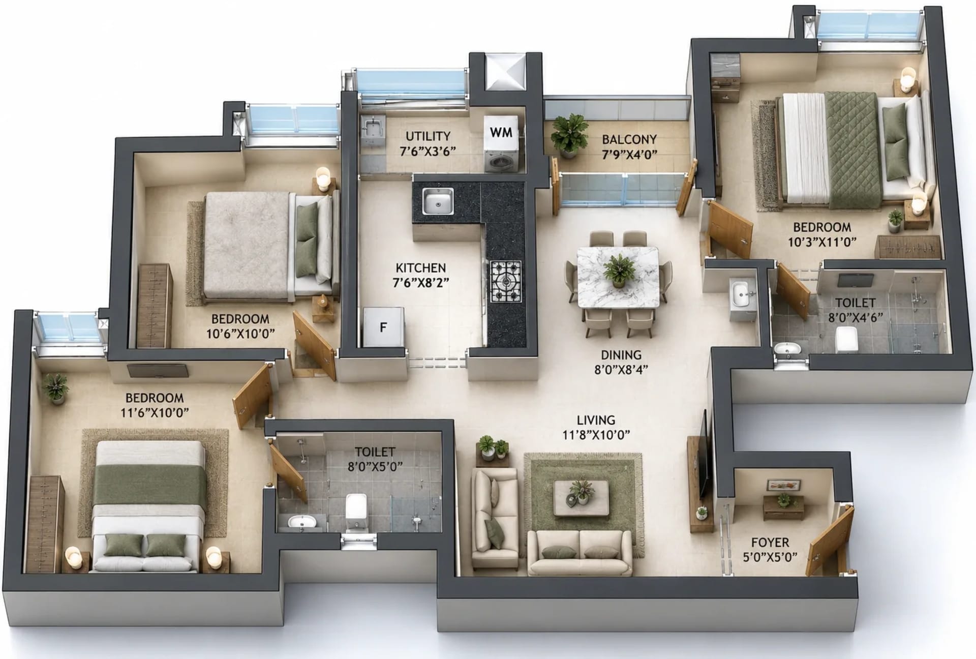 3 BHK Apartment Floor Plan – Malles Adhika