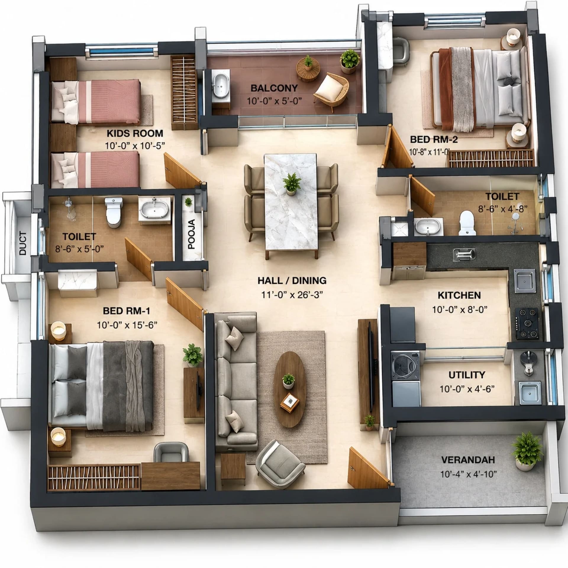 2.5 BHK Apartment Floor Plan – Purnaya Ekta