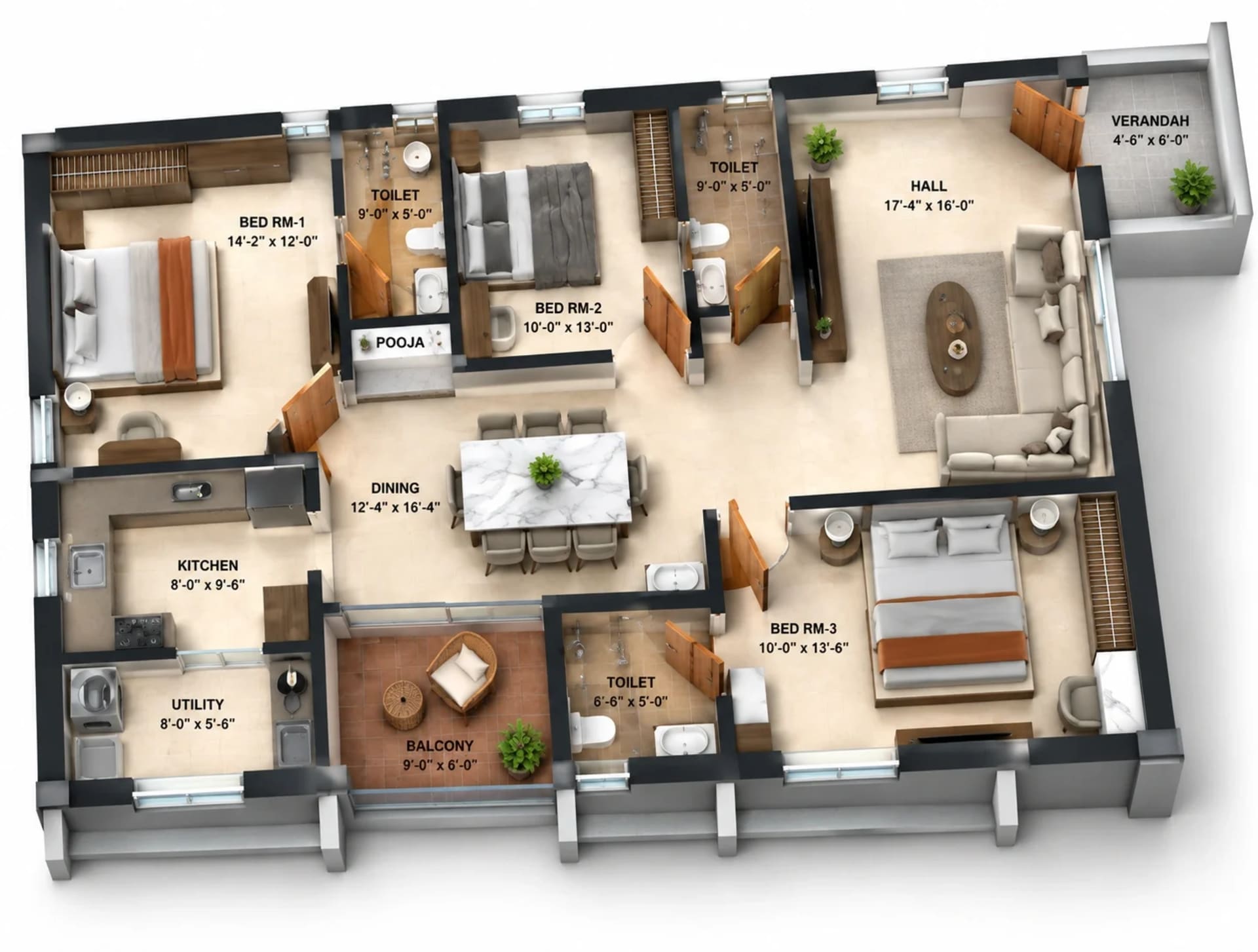 3 BHK Apartment Floor Plan – Purnaya Ekta