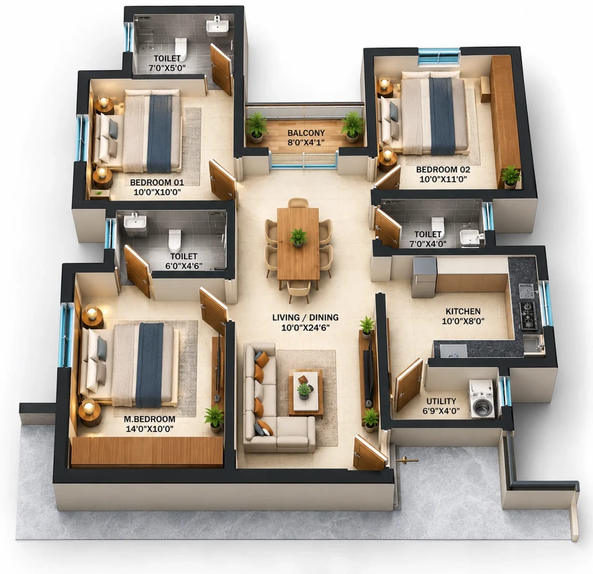 3 BHK Apartment Floor Plan – Unitd 49