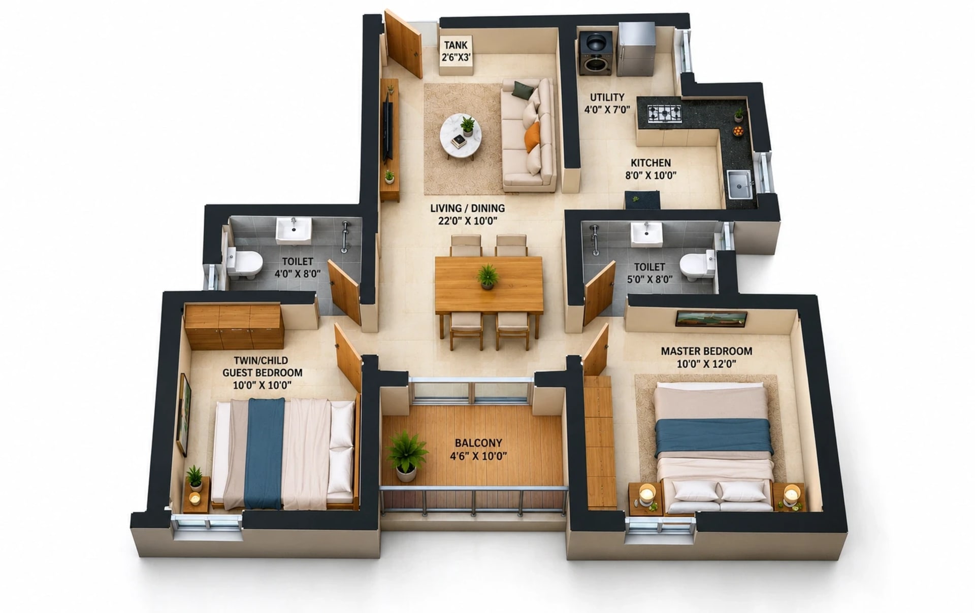 2 BHK Apartment floor plan — 943 sqft