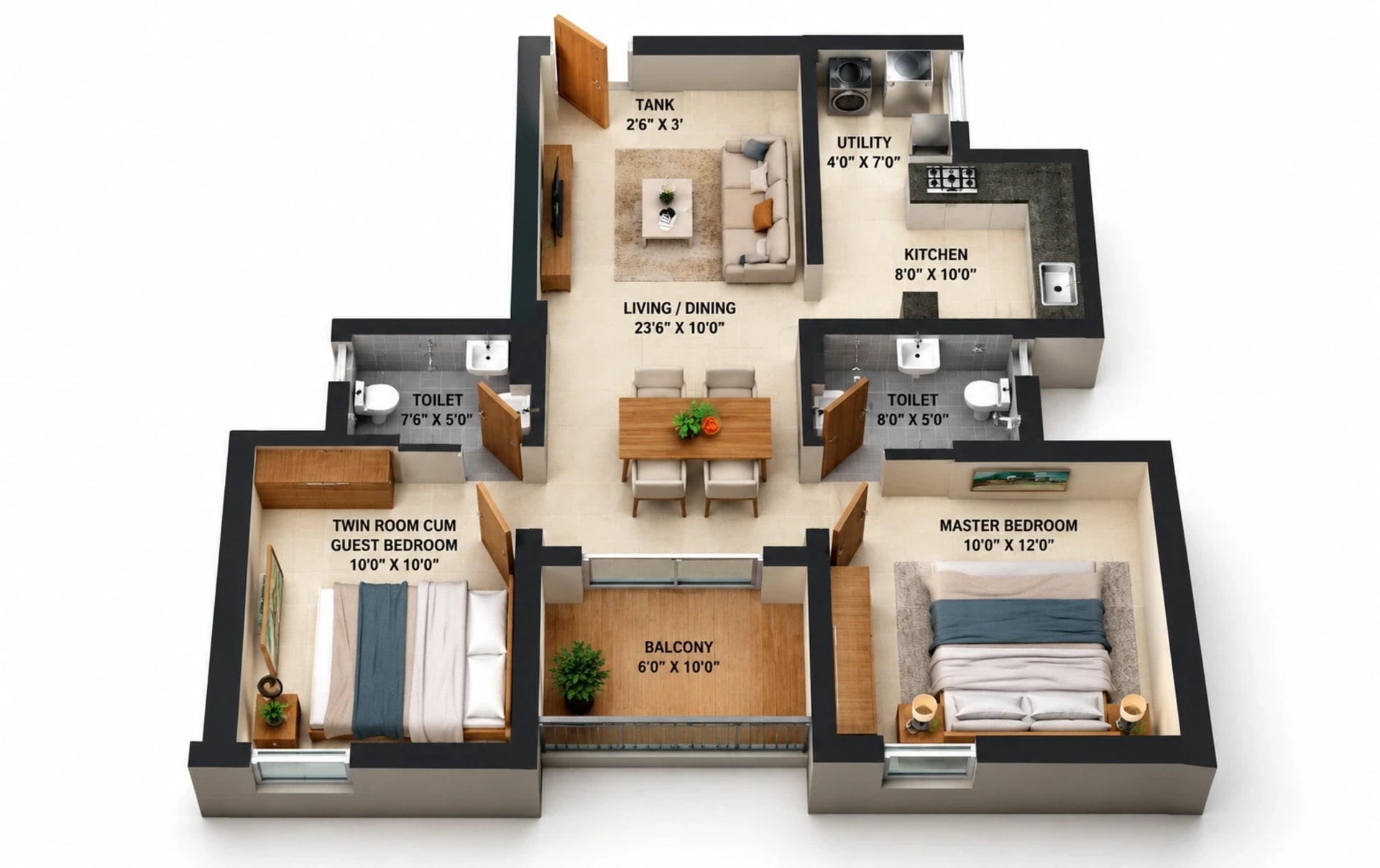 2 BHK Apartment floor plan — 968 sqft