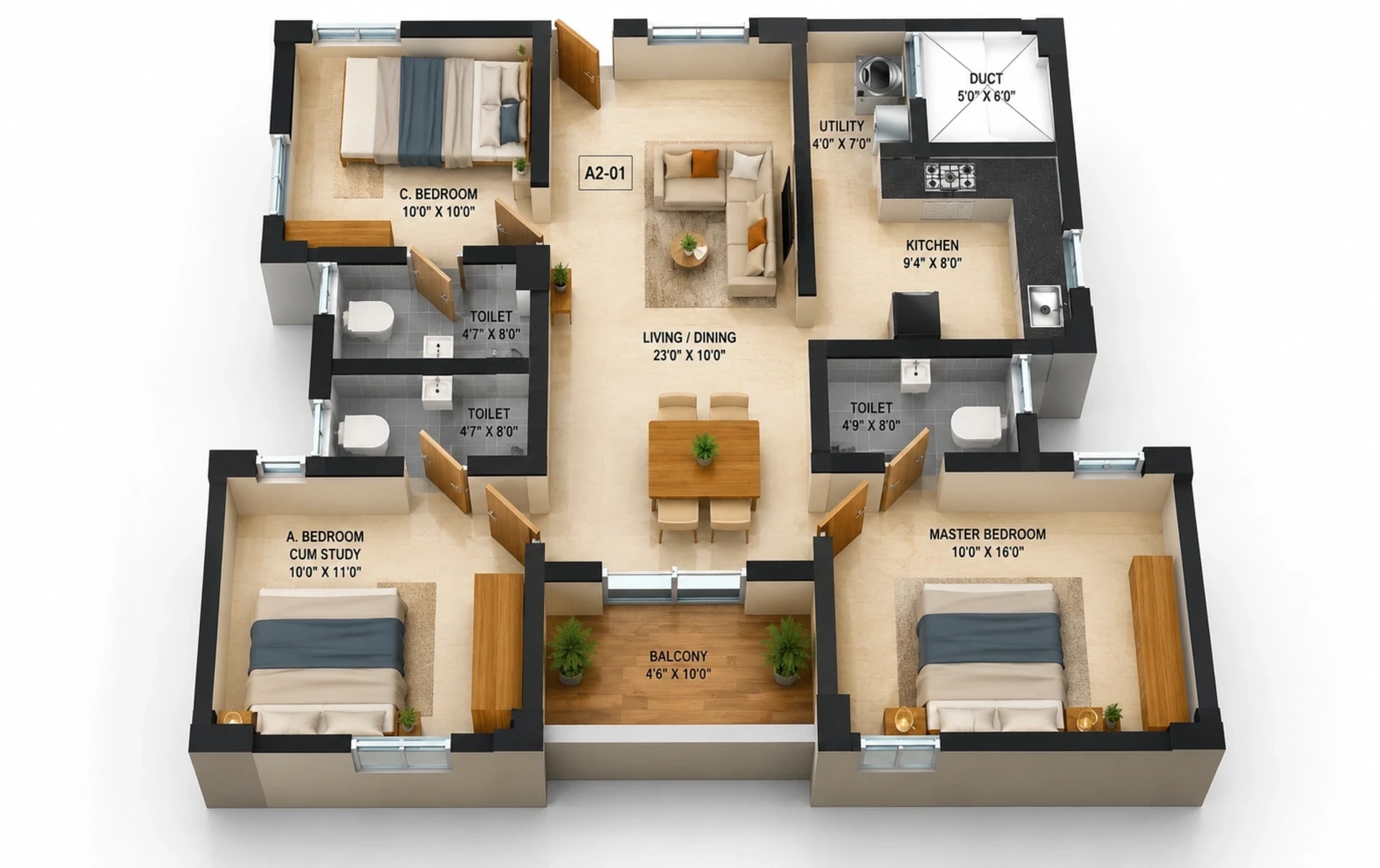 3 BHK Apartment Floor Plan – MUH 49 Phase 2