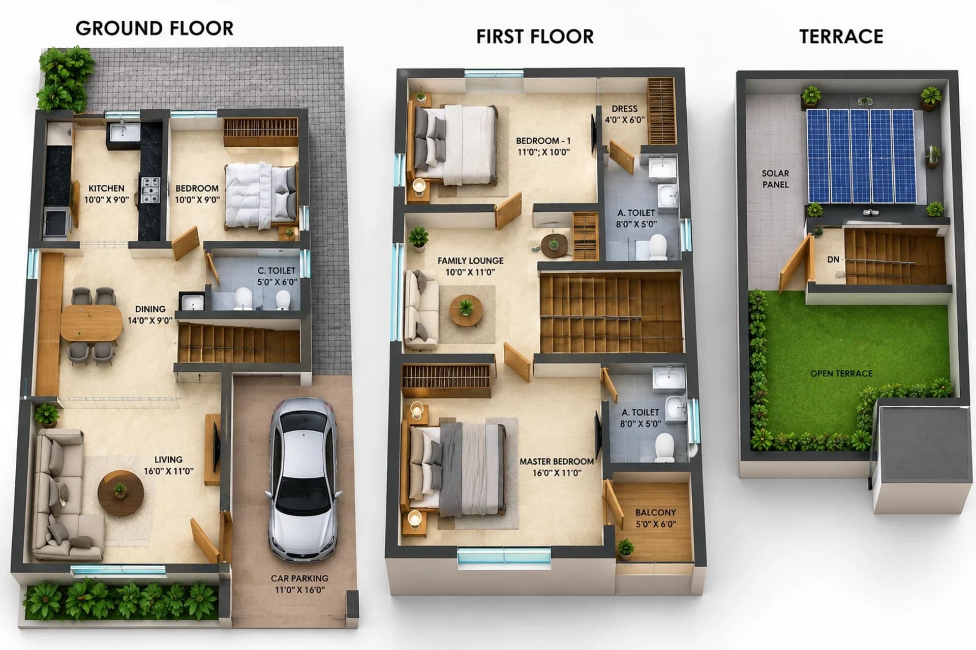 3 BHK Apartment floor plan — 1,919 sqft