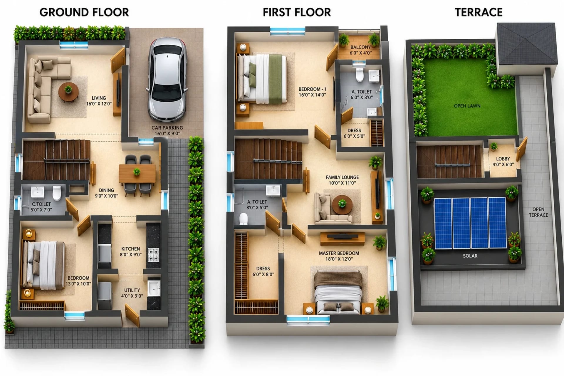3 BHK Apartment floor plan — 2,344 sqft