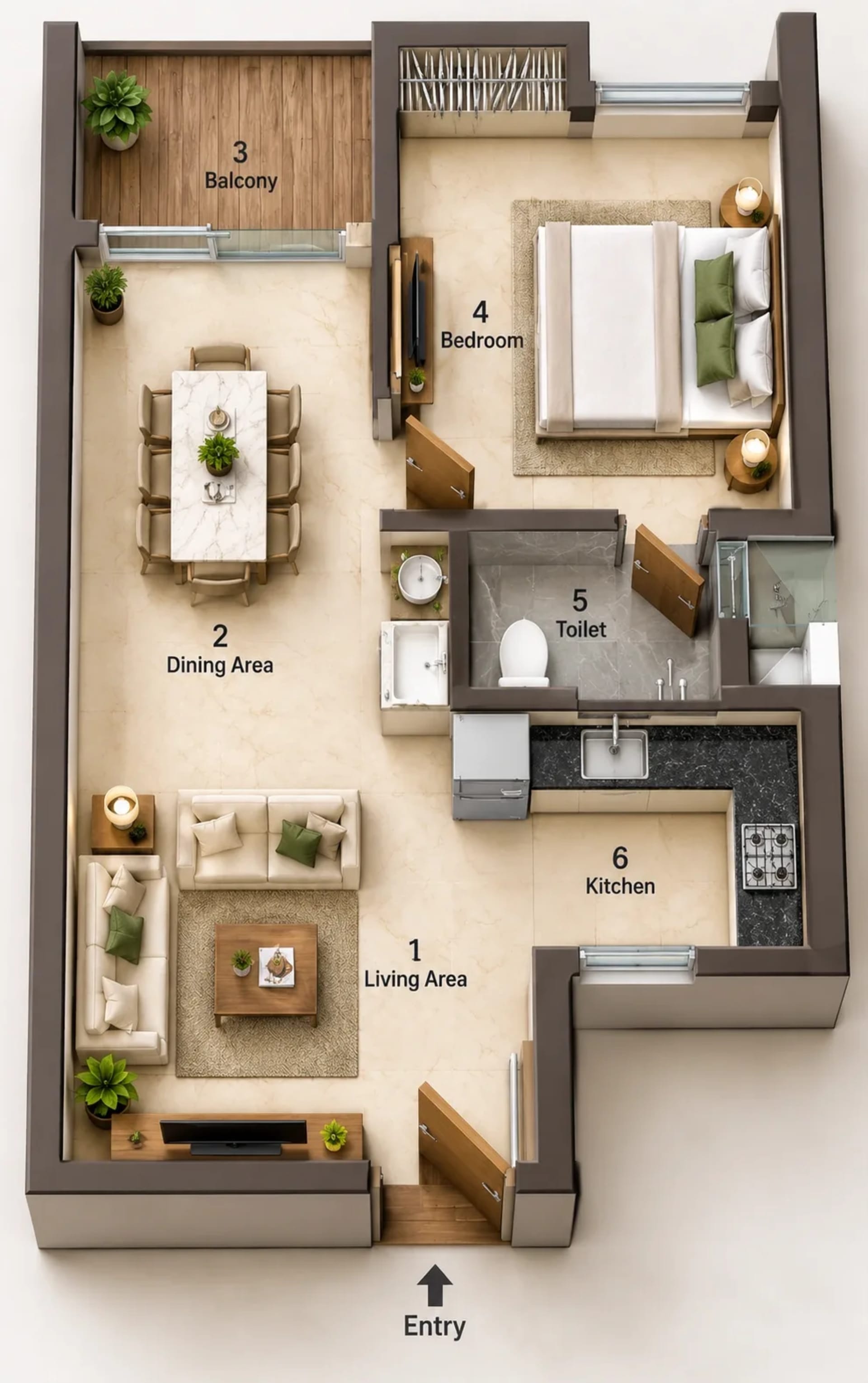 1 BHK Apartment floor plan — 638 sqft