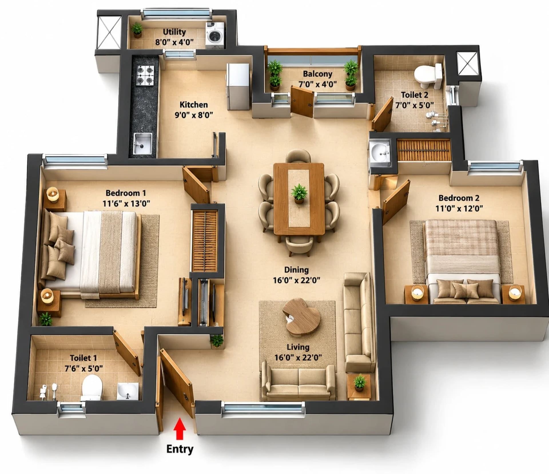 2 BHK Apartment Floor Plan – Jains Alpine Meadows
