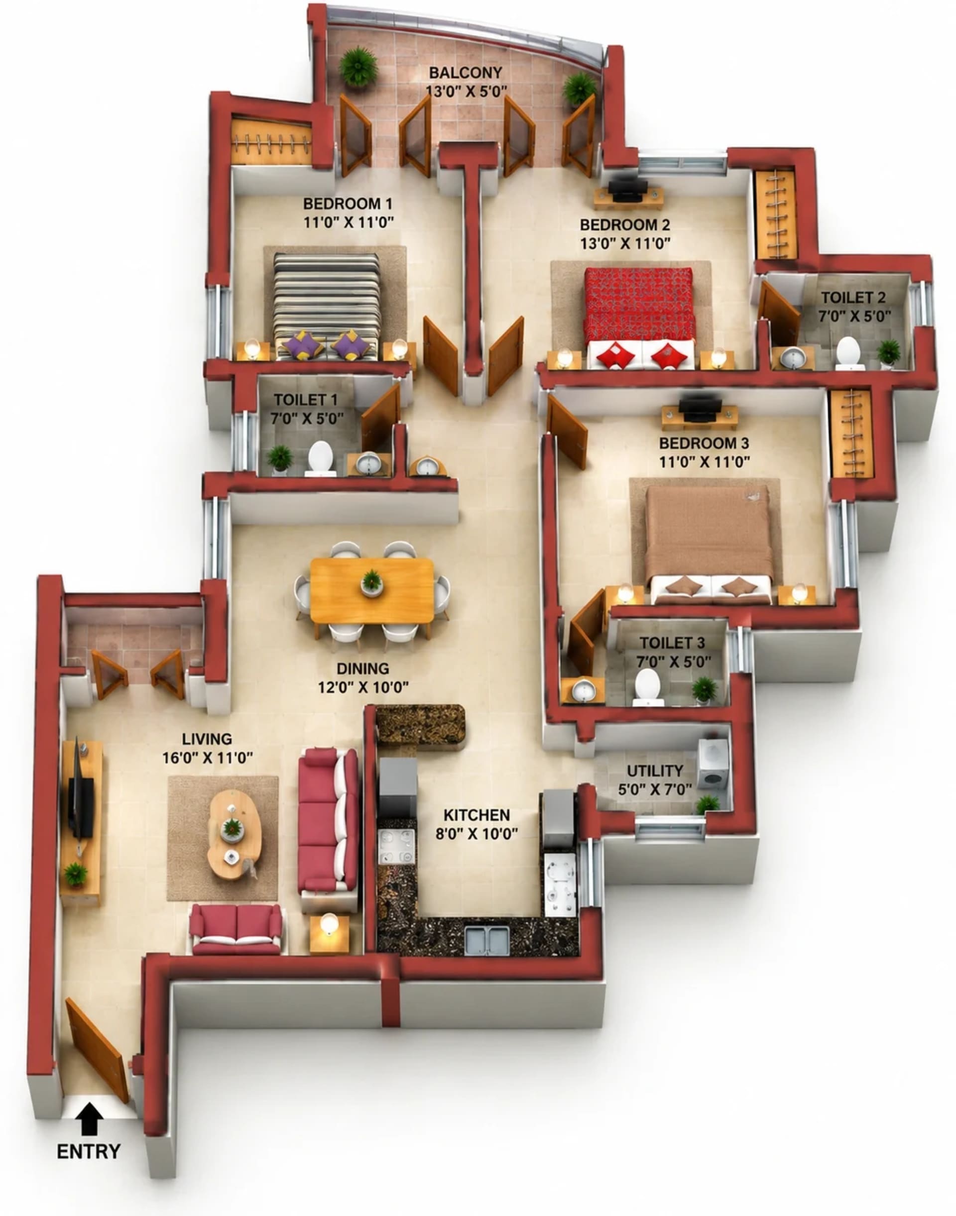 3 BHK Apartment floor plan — 1,703 sqft
