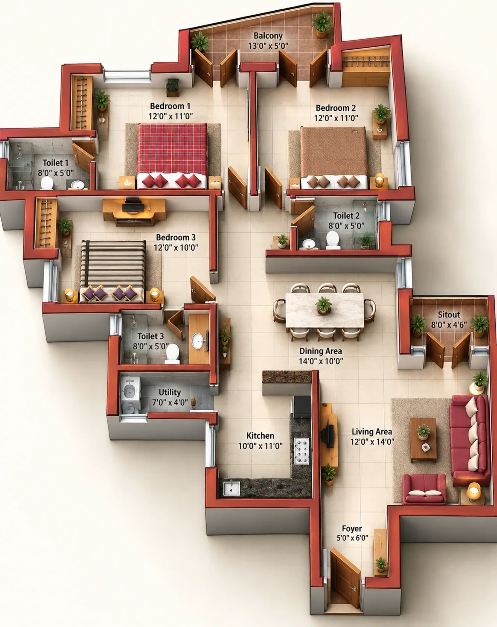 3 BHK Apartment floor plan — 1,755 sqft