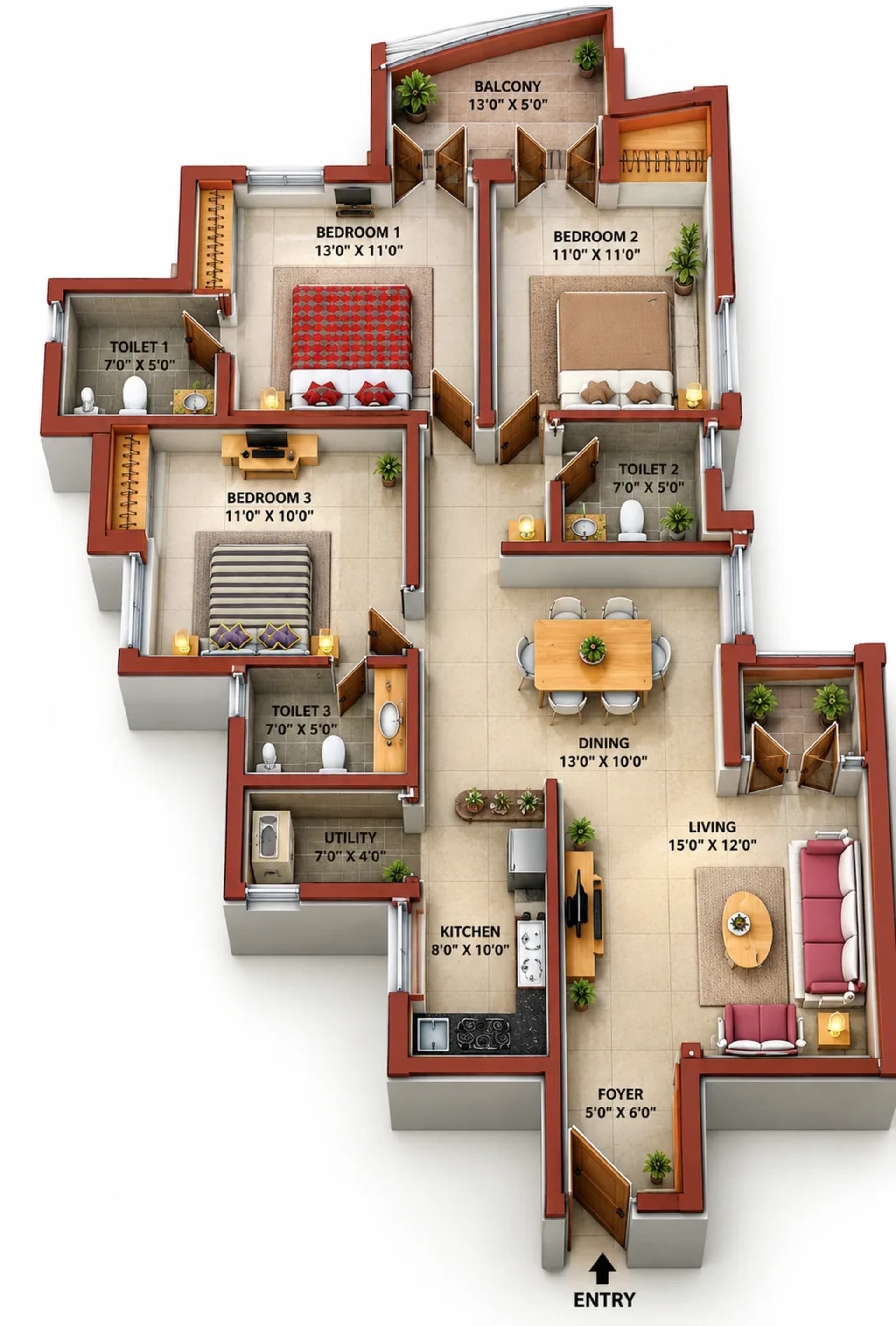 3 BHK Apartment floor plan — 1,739 sqft