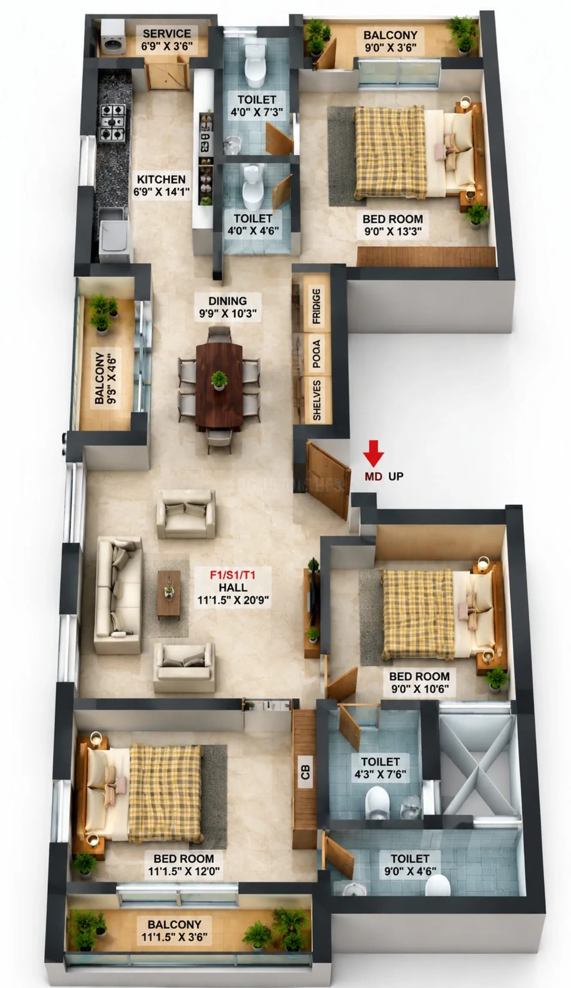 3 BHK Apartment floor plan — 1,605 sqft