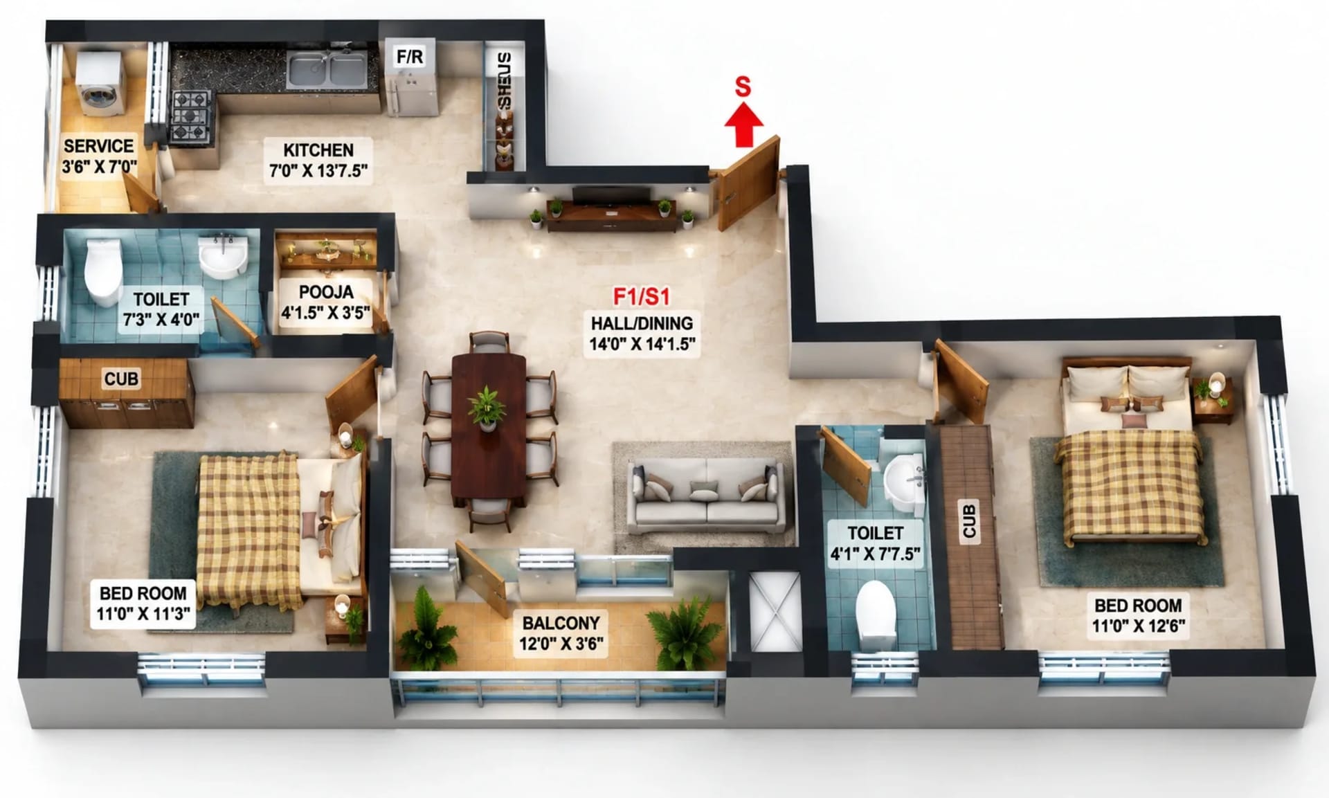 2 BHK Apartment floor plan — 1,051 sqft