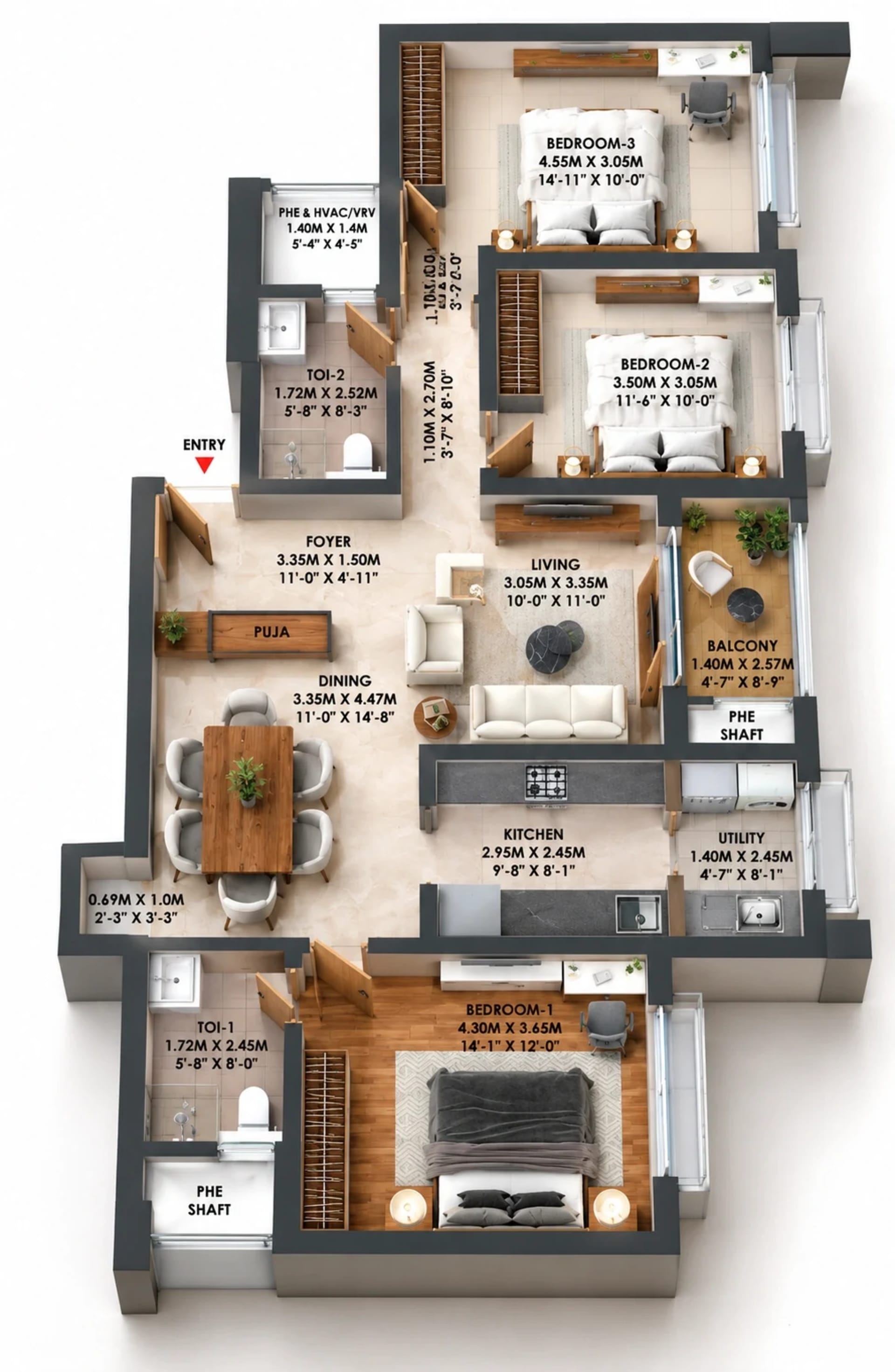 3 BHK Apartment Floor Plan – Brigade Altius