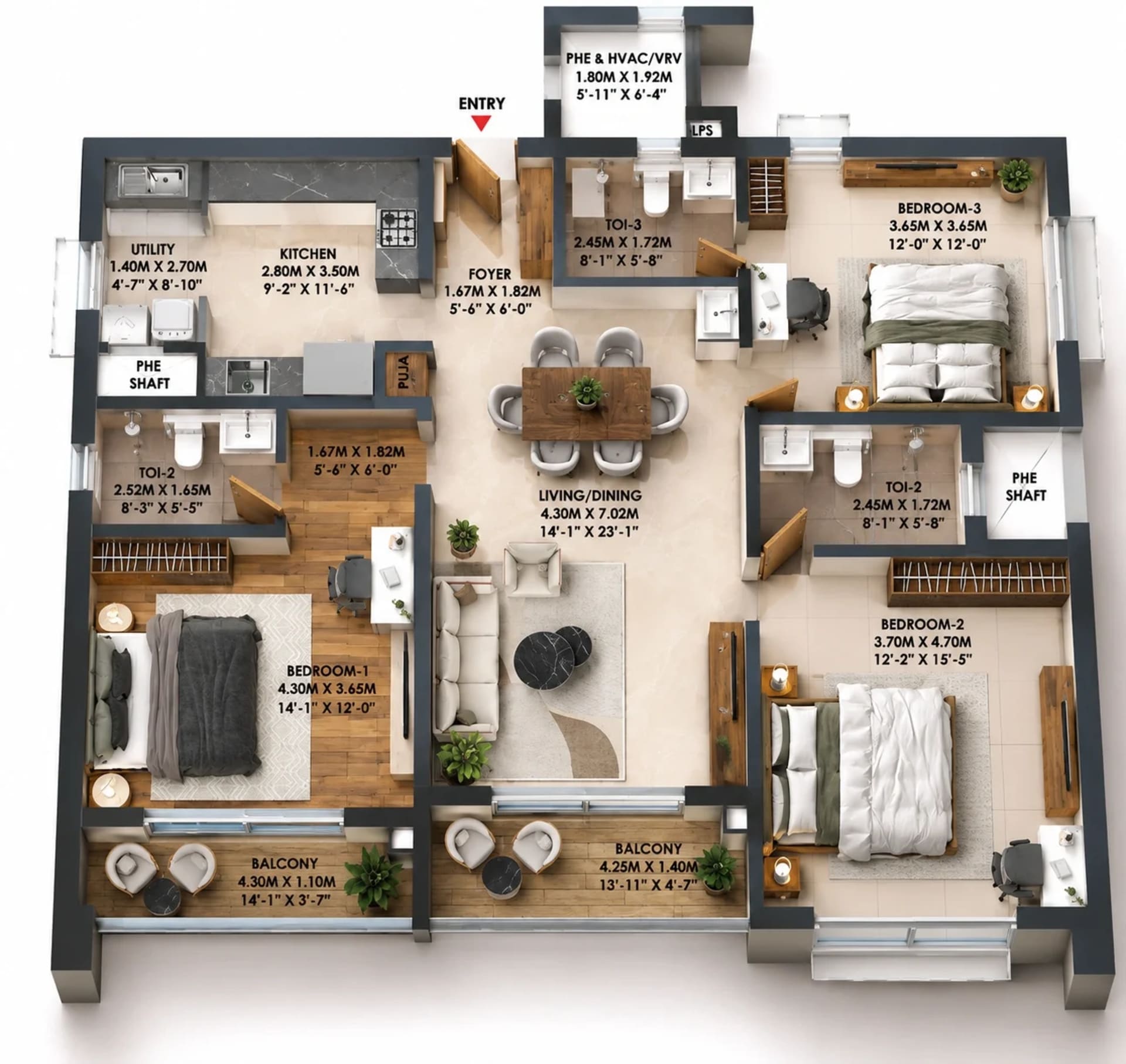 3 BHK Apartment Floor Plan – Brigade Altius