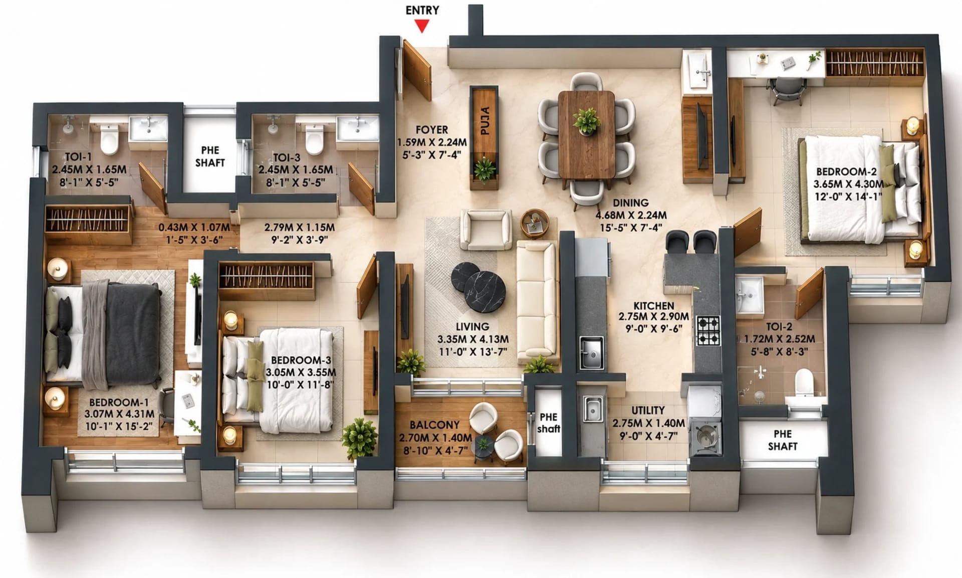 3 BHK Apartment Floor Plan – Brigade Altius