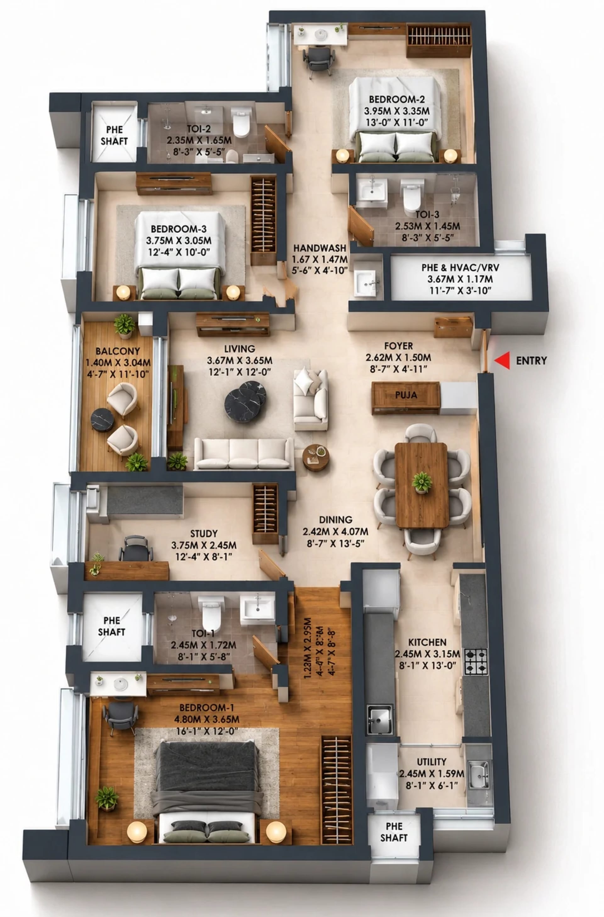 3 BHK Apartment Floor Plan – Brigade Altius