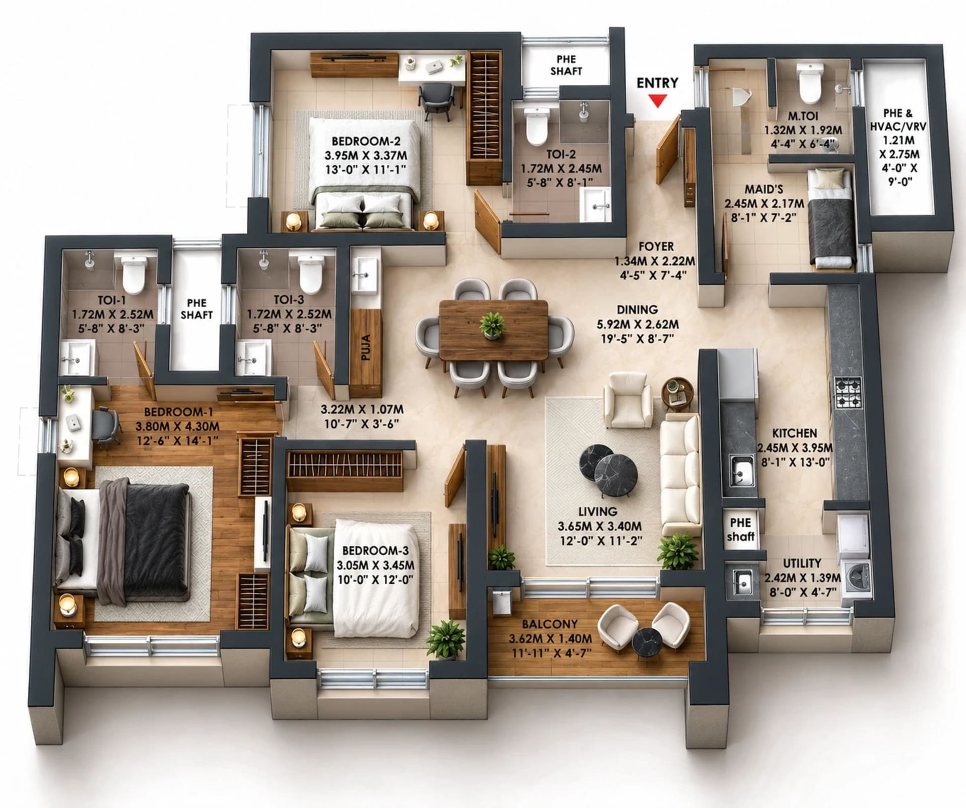 3 BHK Apartment Floor Plan – Brigade Altius