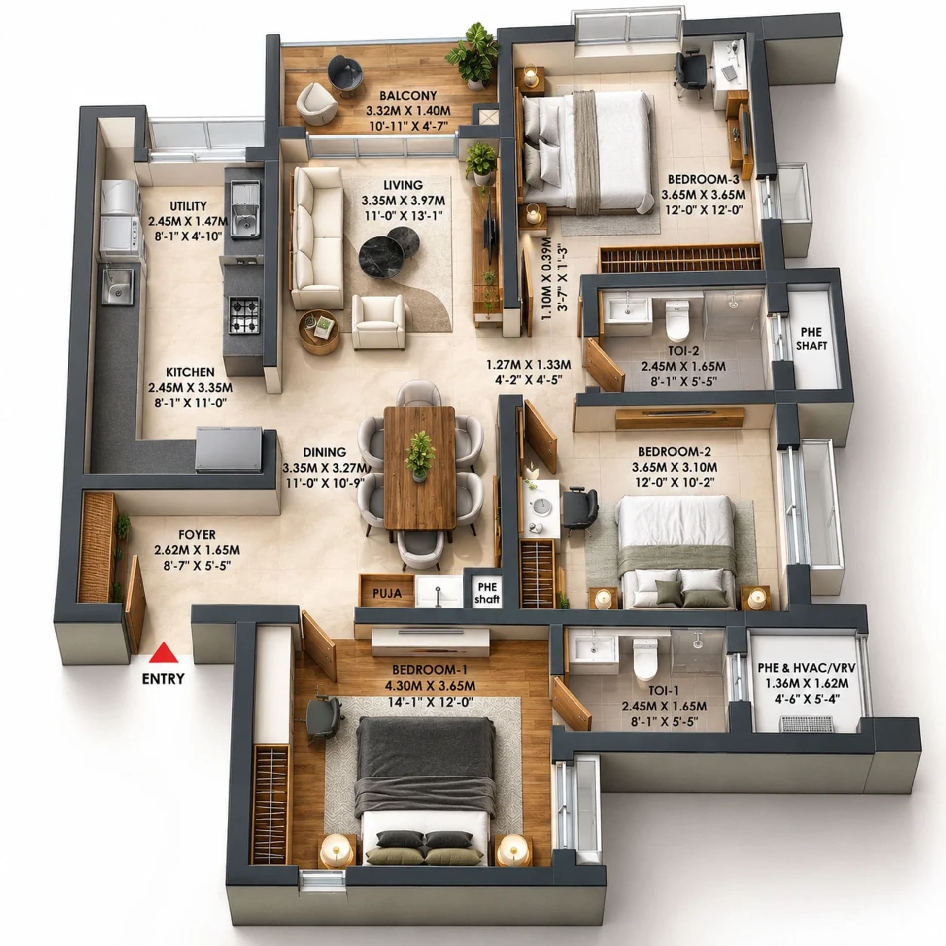3 BHK Apartment Floor Plan – Brigade Altius