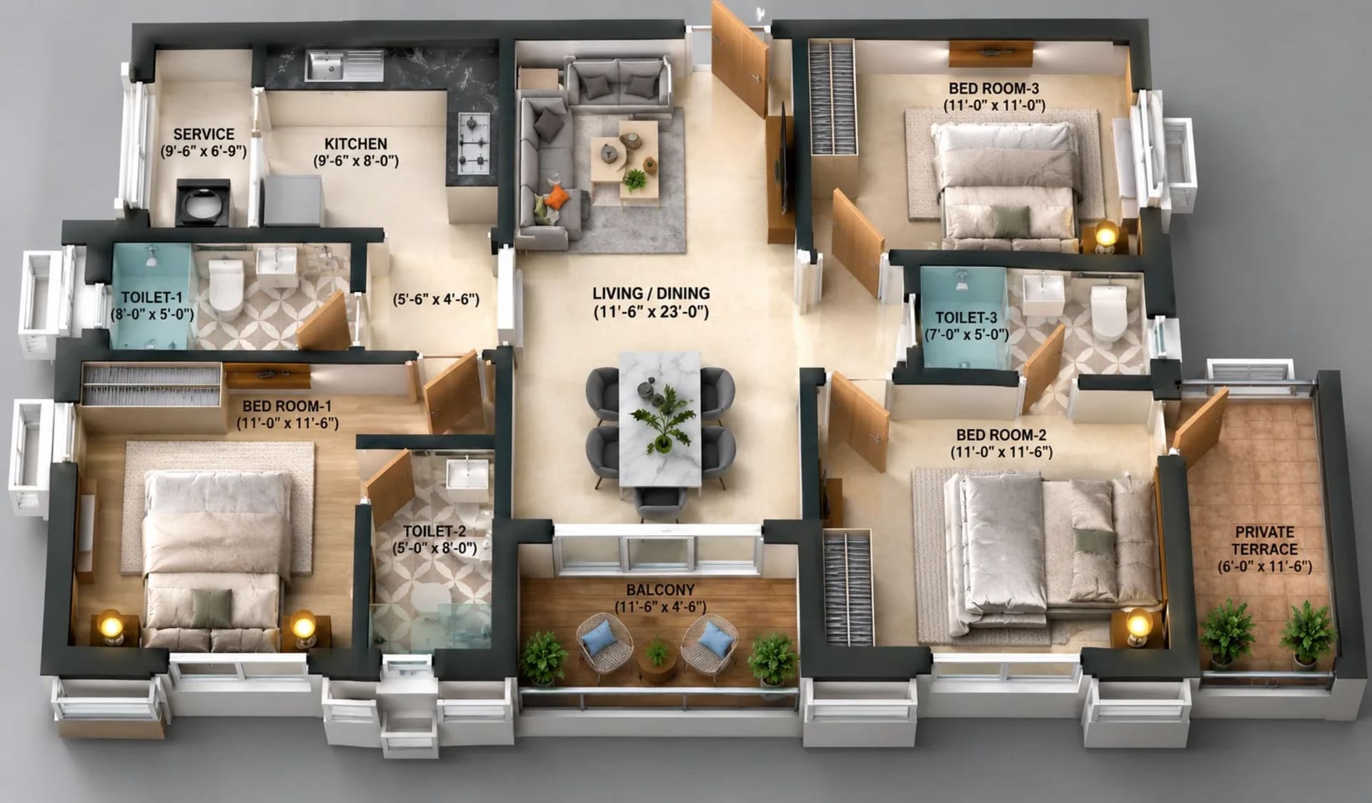 3 BHK Apartment Floor Plan – Nutech Central Park