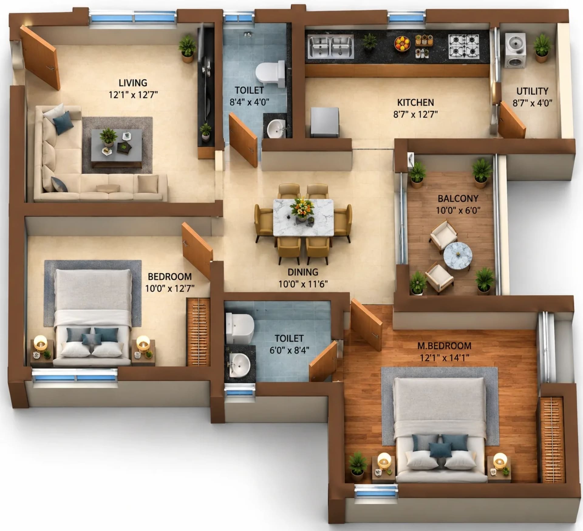 2 BHK Apartment floor plan — 1,377 sqft