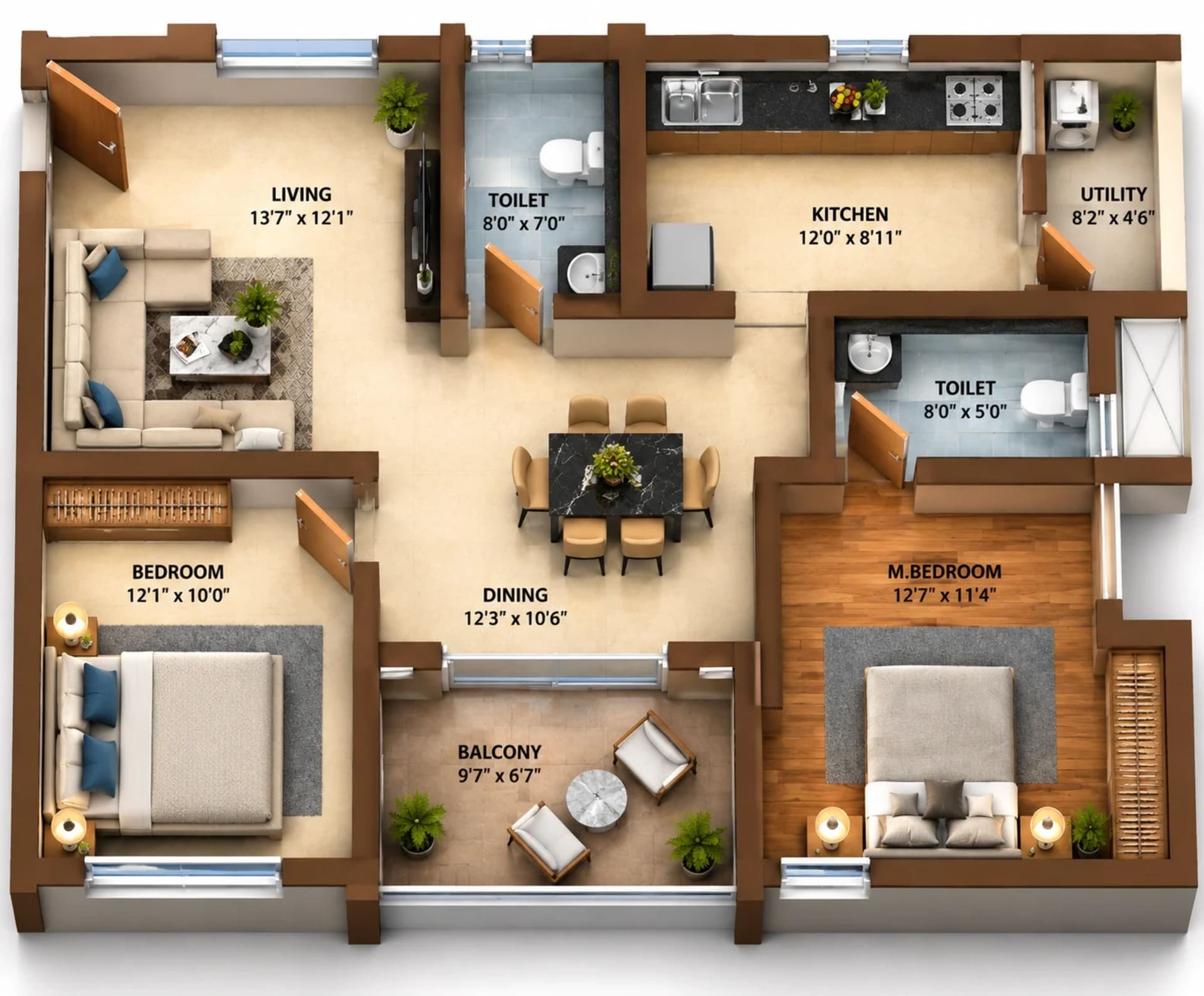 2 BHK Apartment floor plan — 1,354 sqft