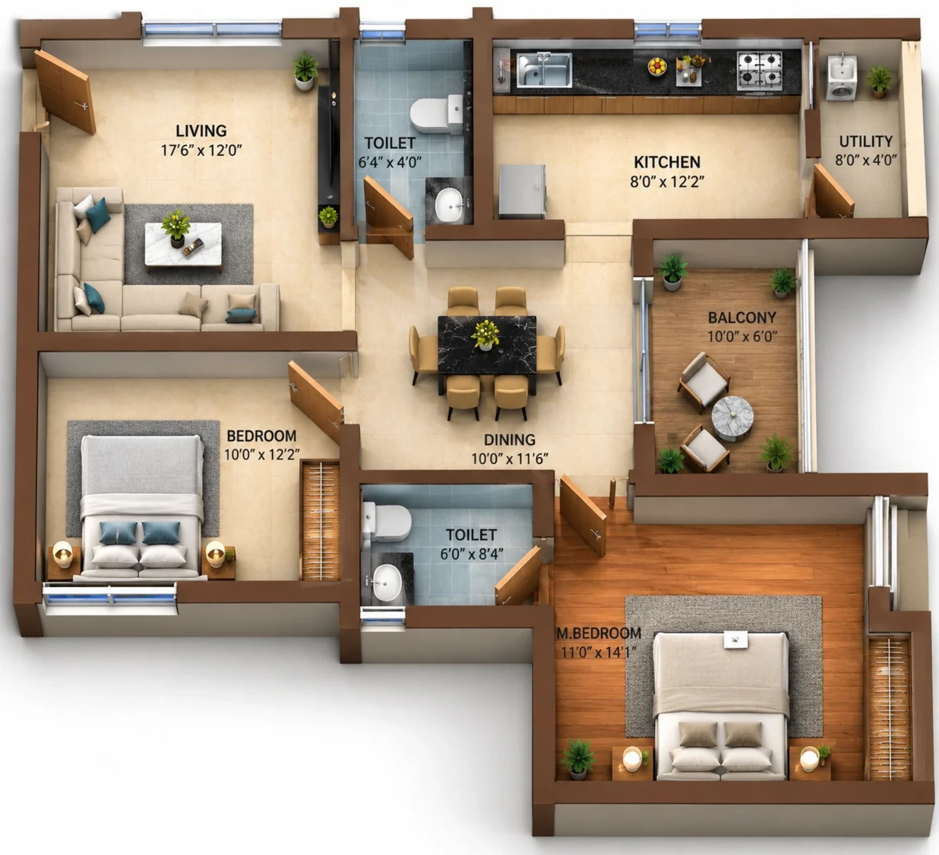 2 BHK Apartment floor plan — 1,337 sqft