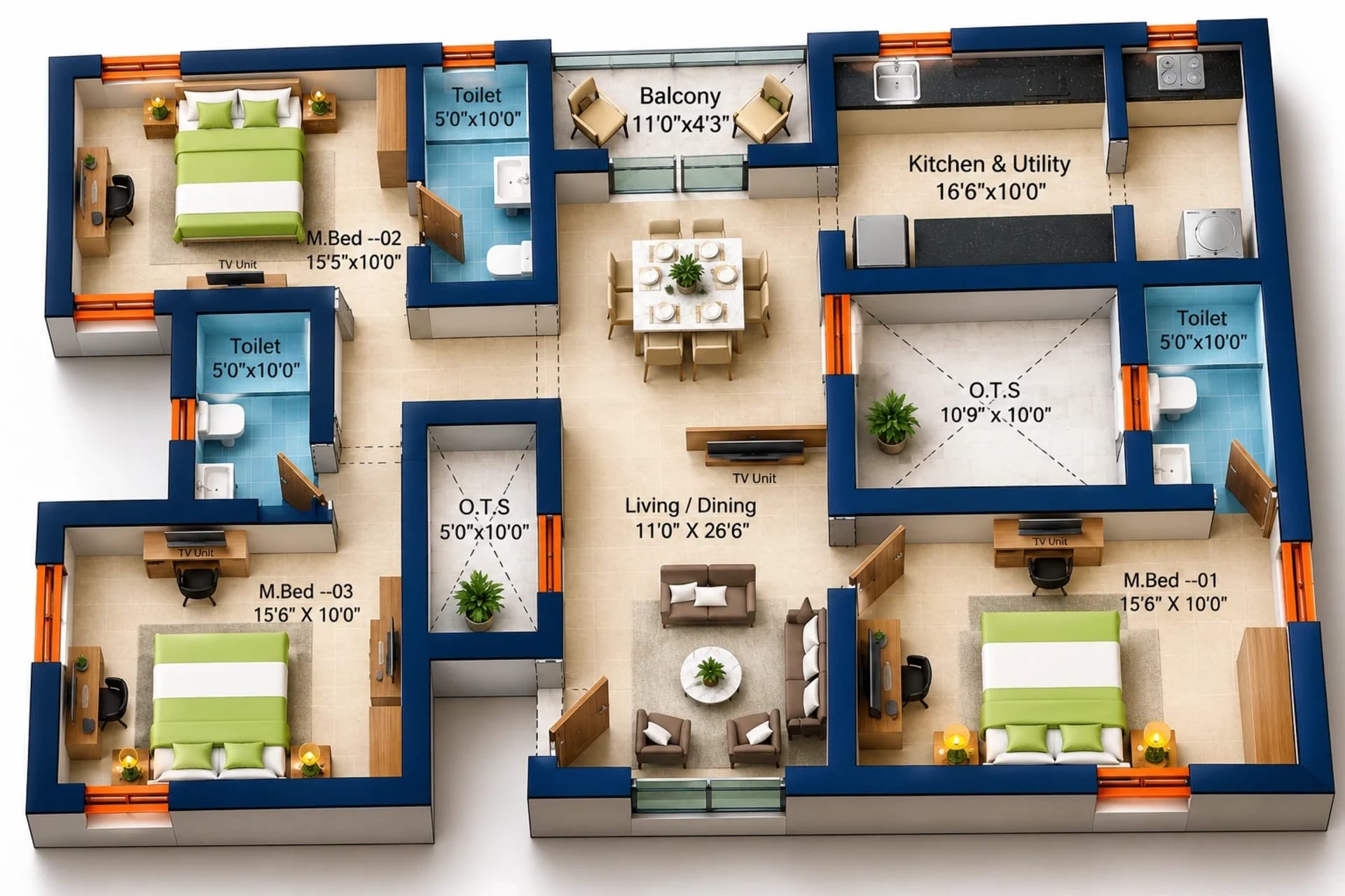 3 BHK Apartment Floor Plan – Sree Dakshas Ilaria
