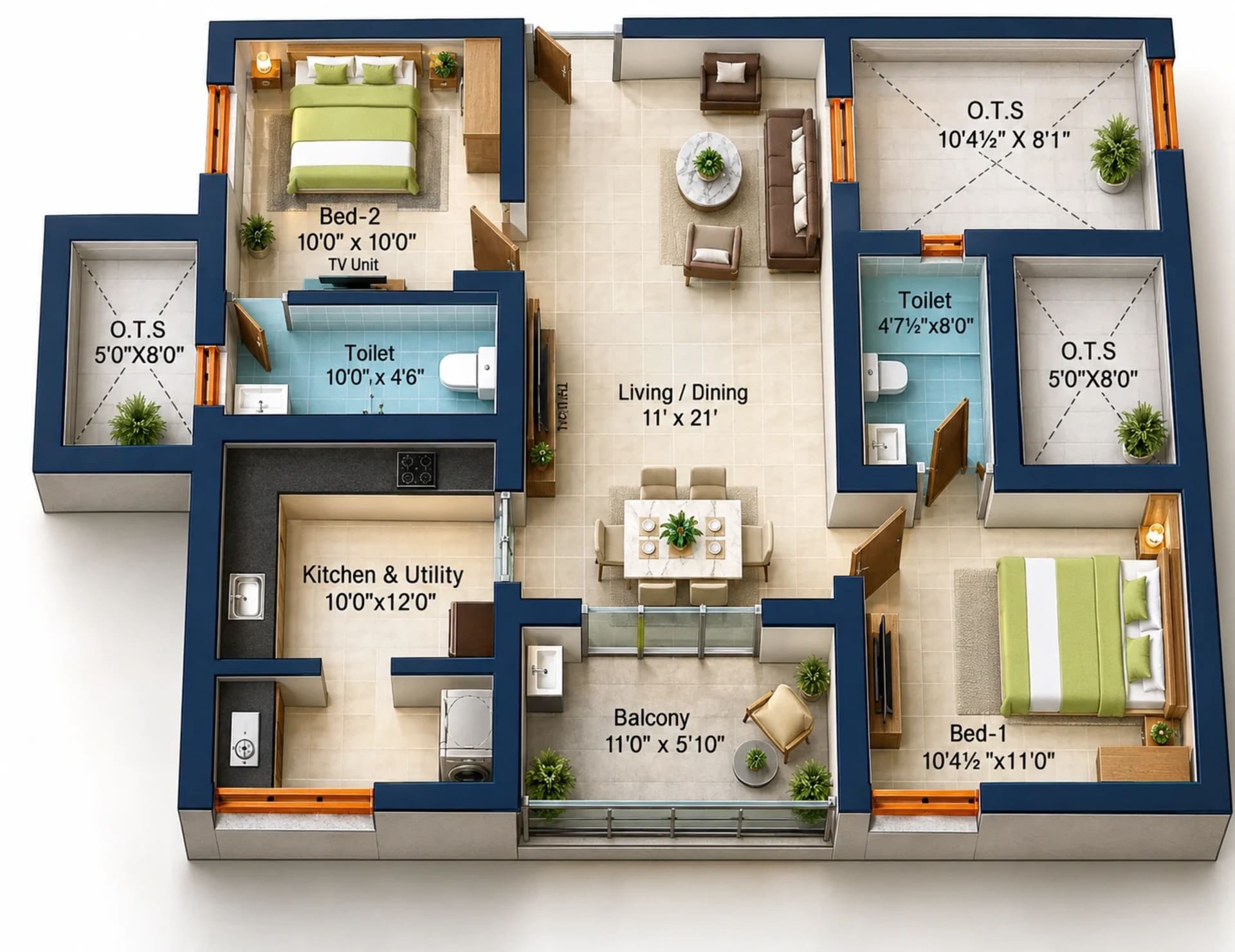 2 BHK Apartment floor plan — 1,053 sqft