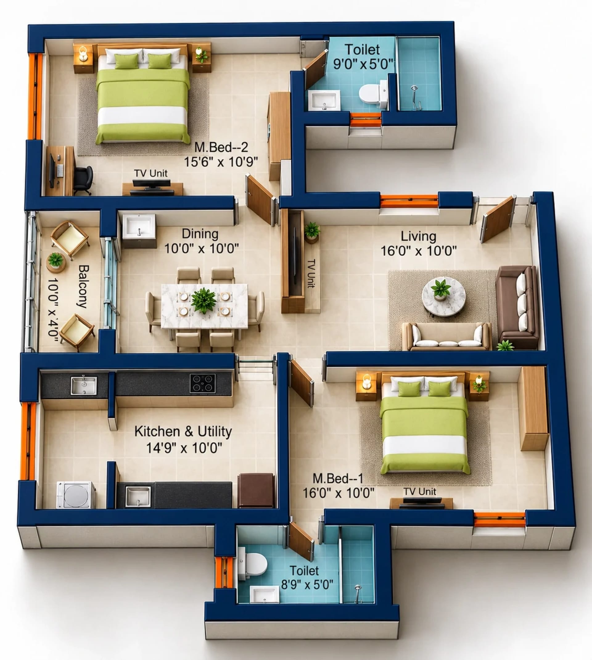 2 BHK Apartment floor plan — 1,303 sqft
