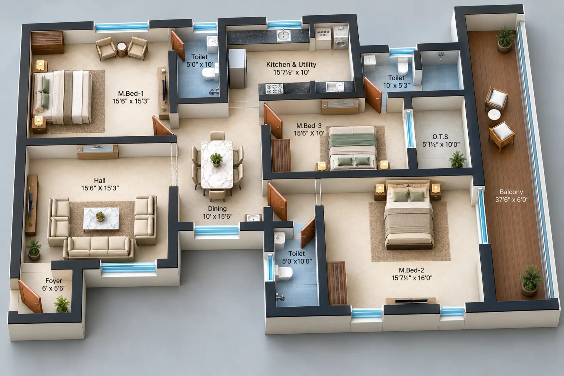 3 BHK Apartment floor plan — 2,444 sqft