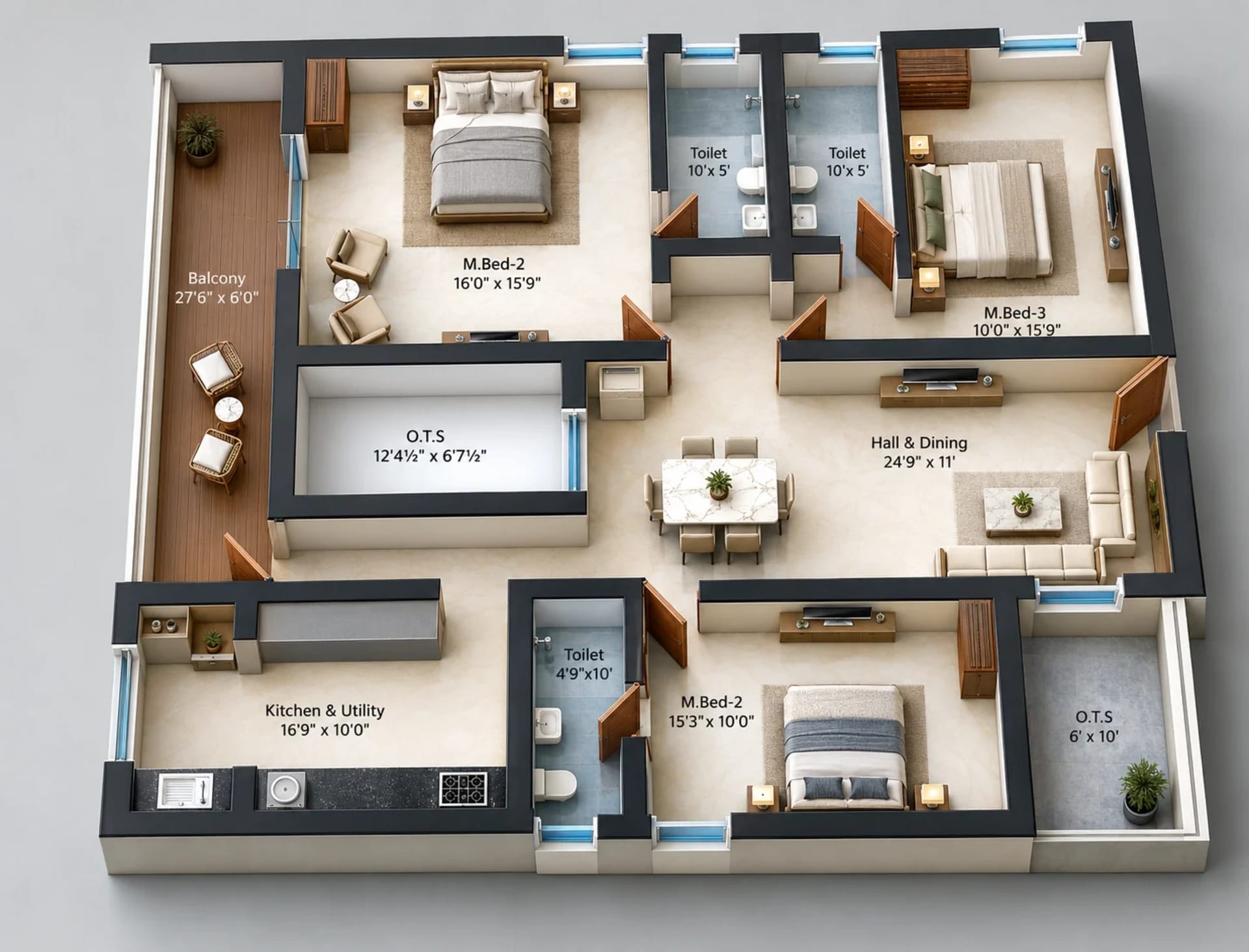 3 BHK Apartment floor plan — 2,122 sqft