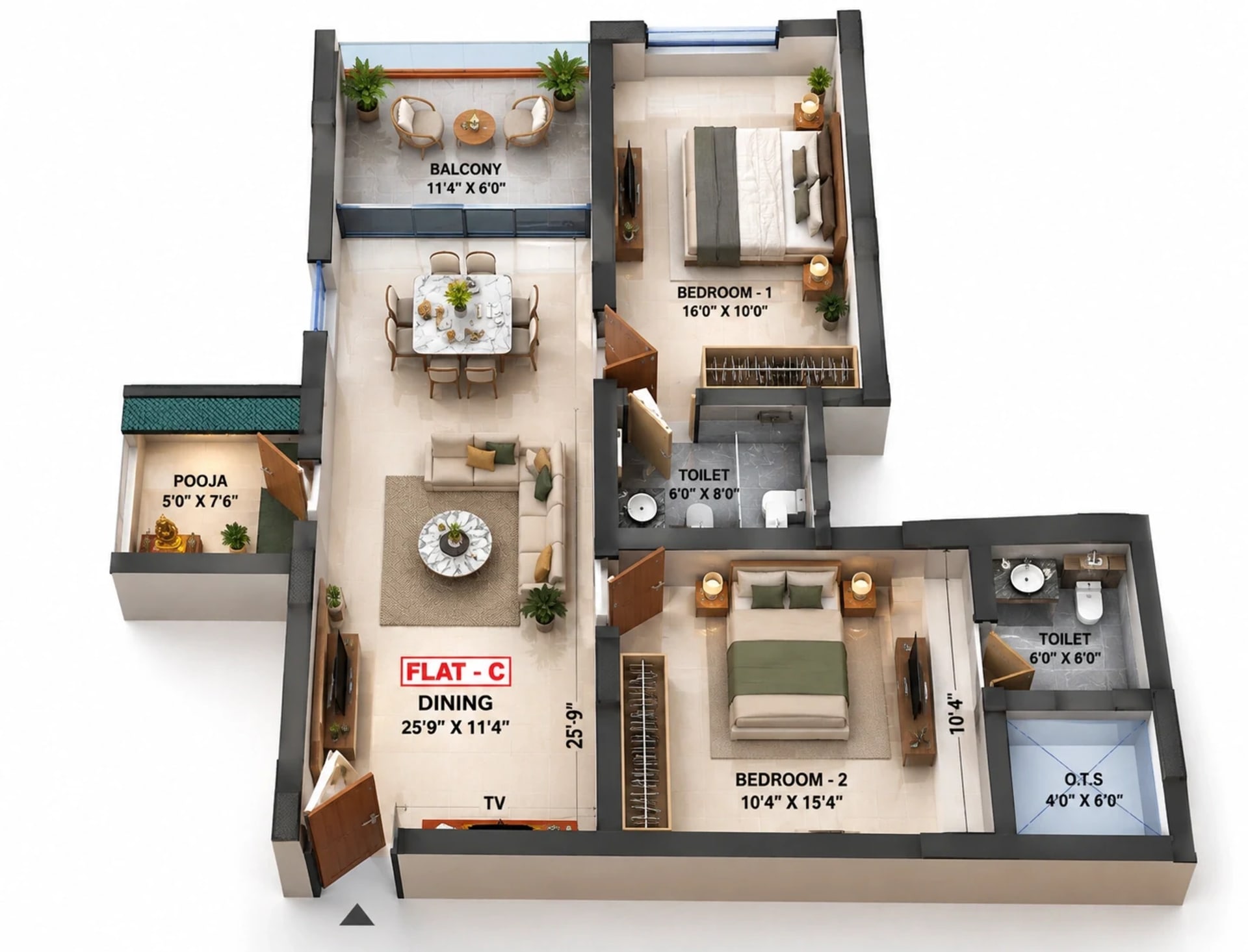 2 BHK Apartment floor plan — 1,373 sqft