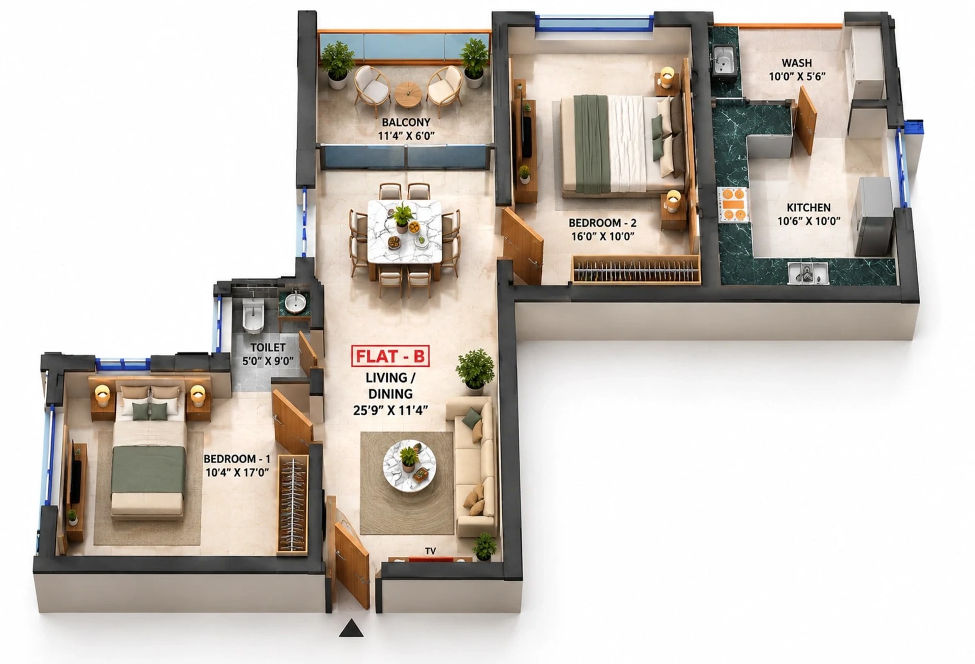2 BHK Apartment floor plan — 1,386 sqft