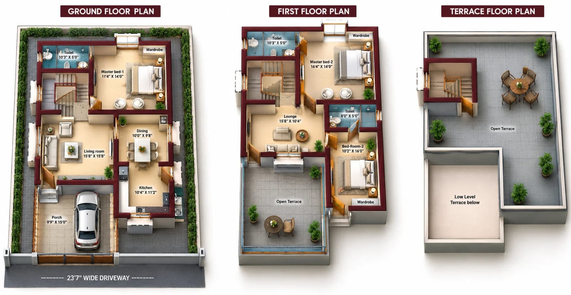 3 BHK Villa floor plan — 2,373 sqft