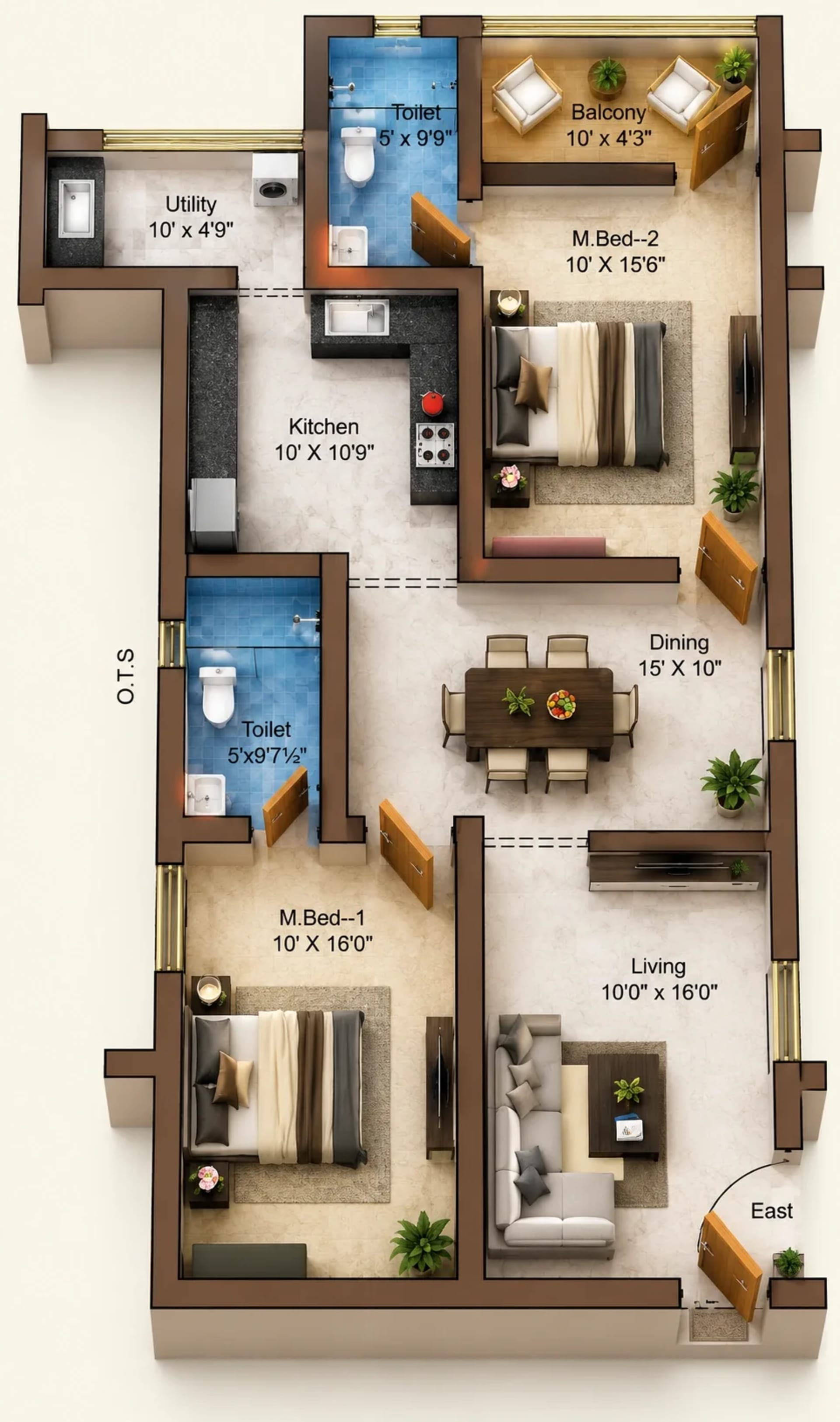 2 BHK Apartment floor plan — 1,386 sqft