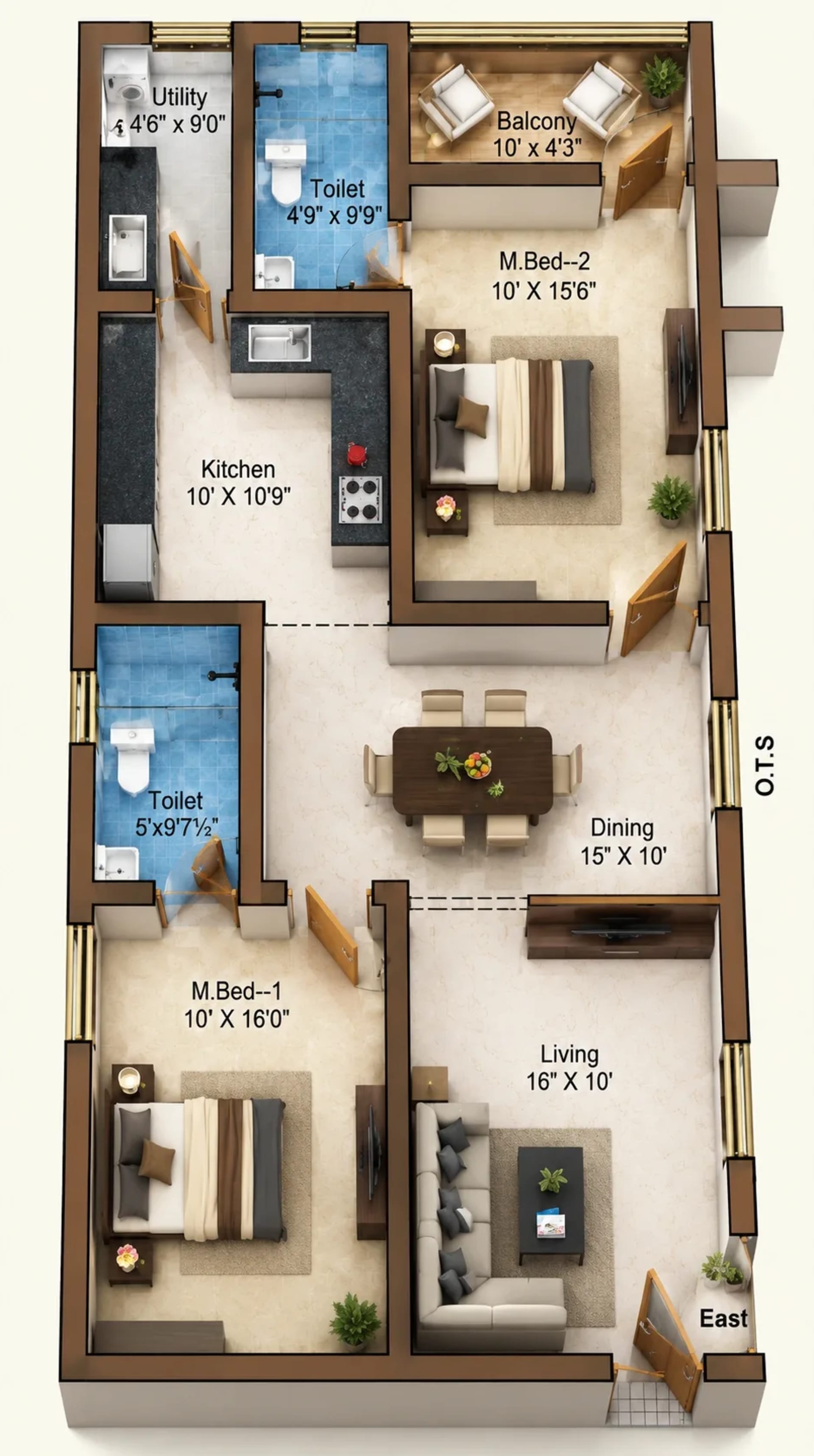 2 BHK Apartment floor plan — 1,375 sqft
