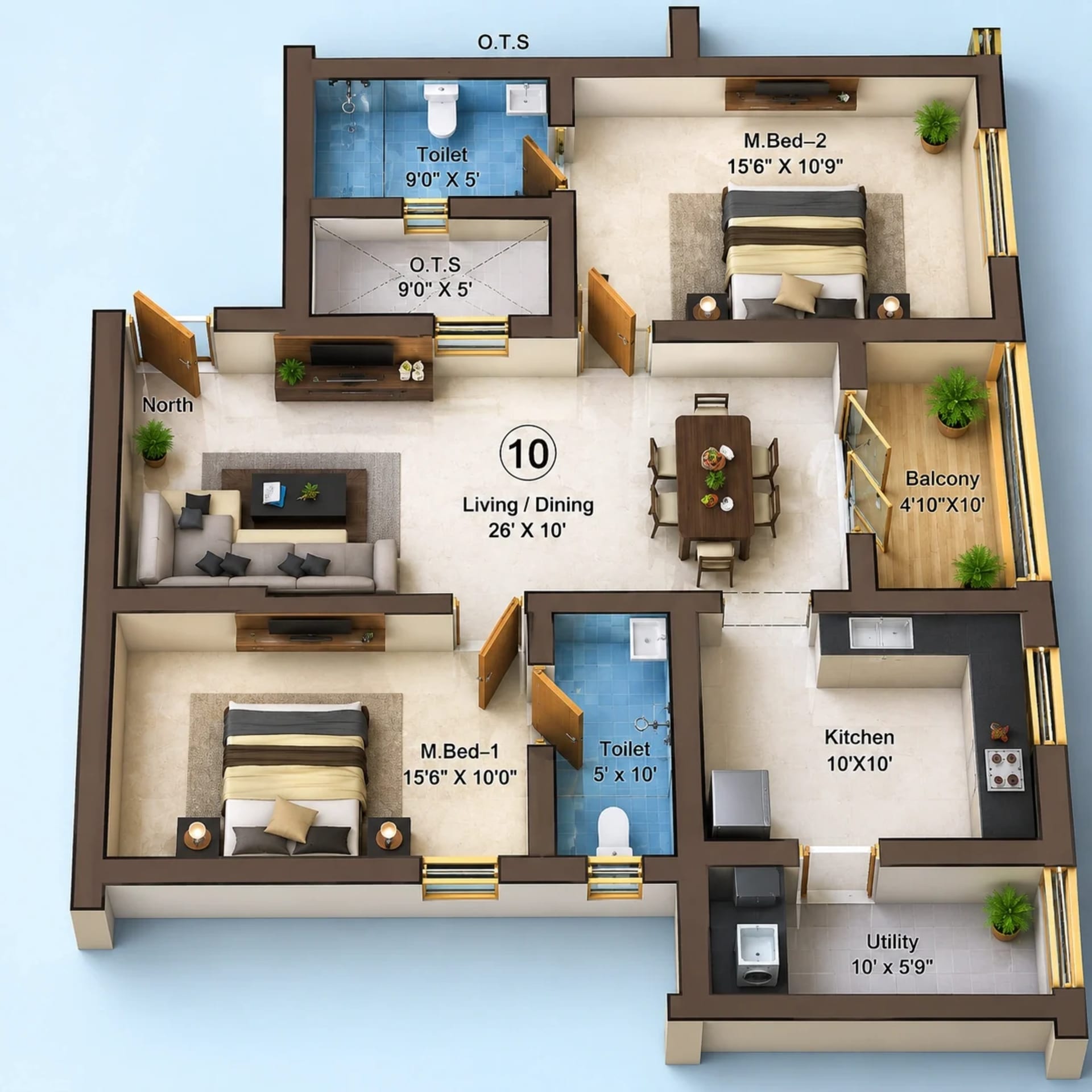 2 BHK Apartment floor plan — 1,342 sqft