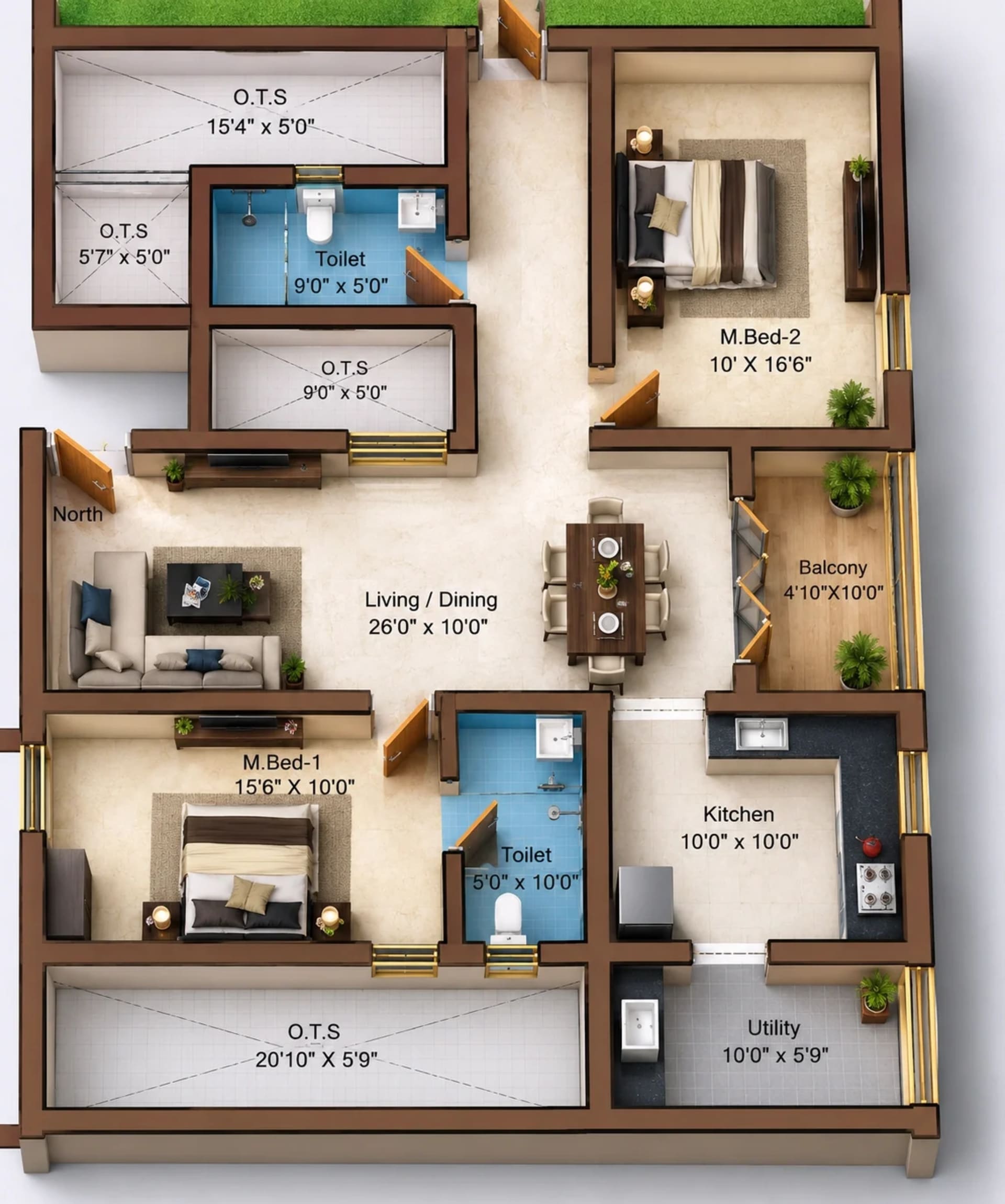 2 BHK Apartment floor plan — 1,470 sqft