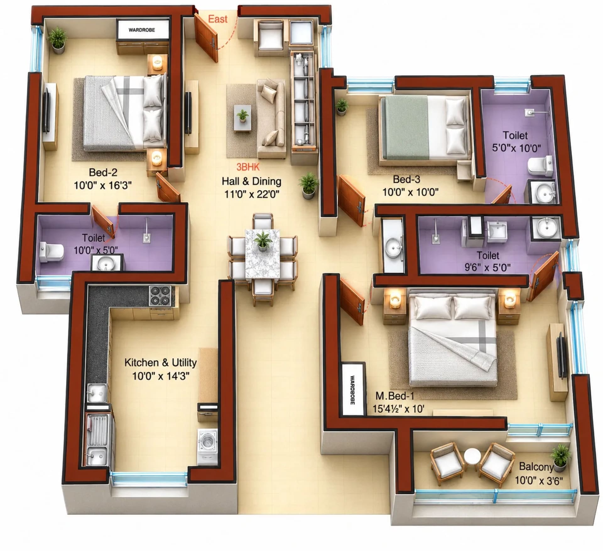 3 BHK Apartment Floor Plan – Sree Dakshas Diora