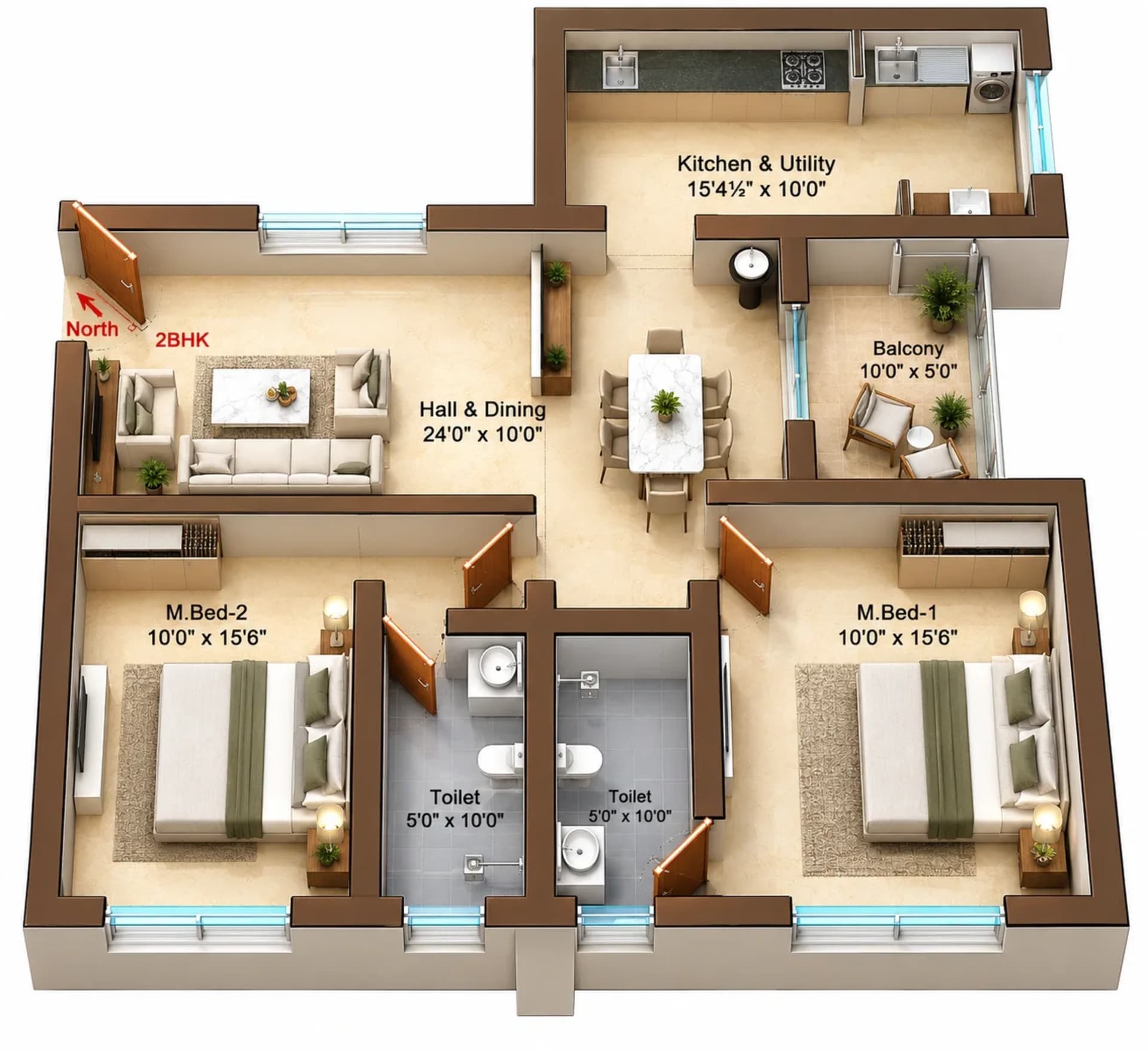 2 BHK Apartment floor plan — 1,364 sqft