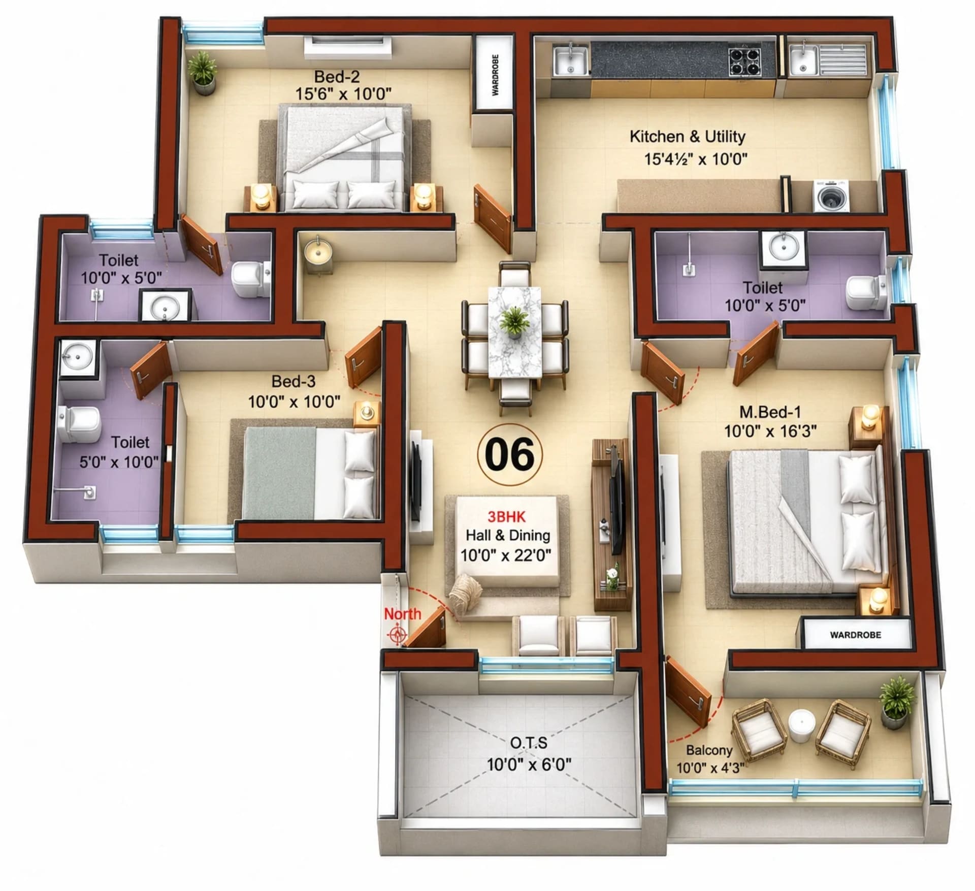 3 BHK Apartment Floor Plan – Sree Dakshas Diora